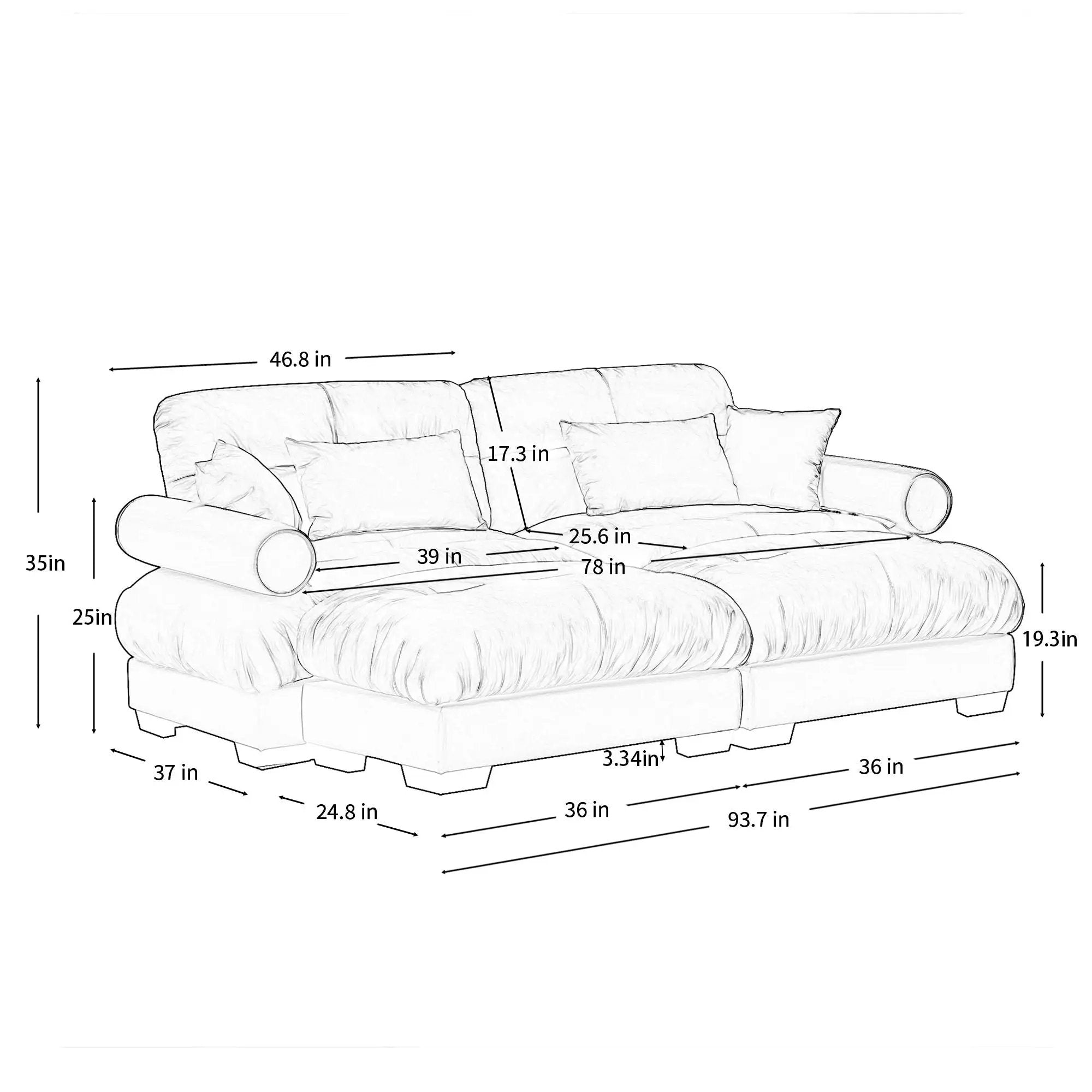 Modern Sectional Sofa With Ottoman, Round Bolster Armrests, Waist And Throw Pillows by Unique Piece Furniture
