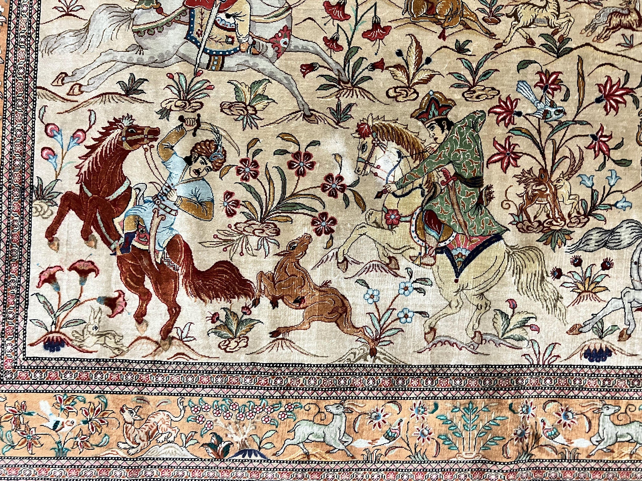 Silk Persian Qum Rug 3x5, Hunting Pattern, Handmade Vintage Carpet, Signed by Master Weaver, Horsemen Pictorials, Super Fine 650 KPSI by Jewel Rugs
