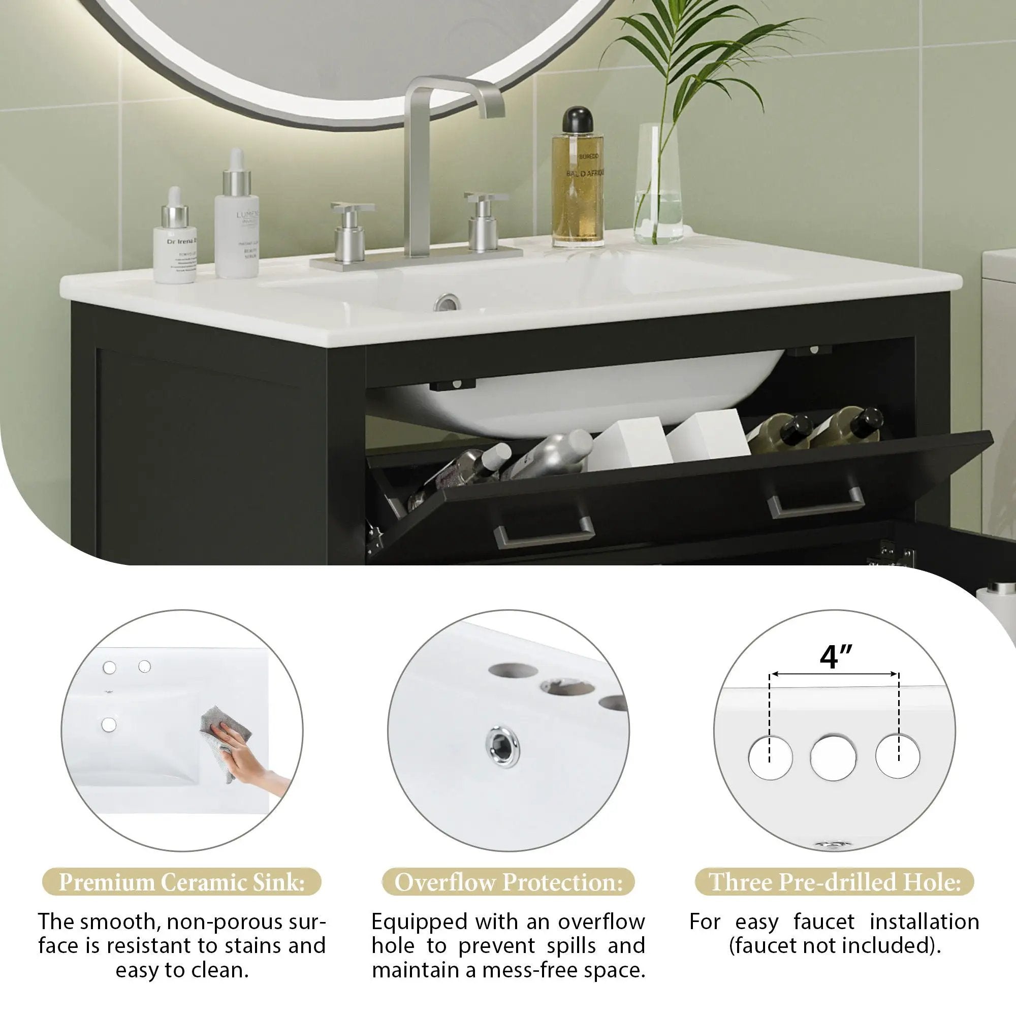 Bathroom Vanity With Ceramic Sink, Modern Single Bathroom Cabinet With 2 Doors And A Shelf, Soft Close Doors by Unique Piece Furniture