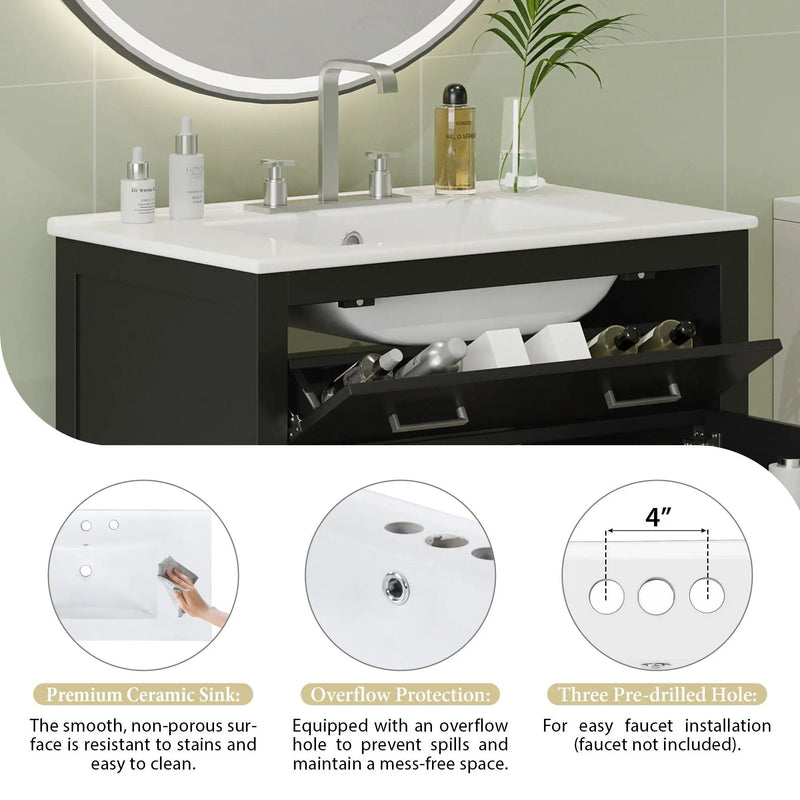 Bathroom Vanity With Ceramic Sink, Modern Single Bathroom Cabinet With 2 Doors And A Shelf, Soft Close Doors by HouseOfZazla