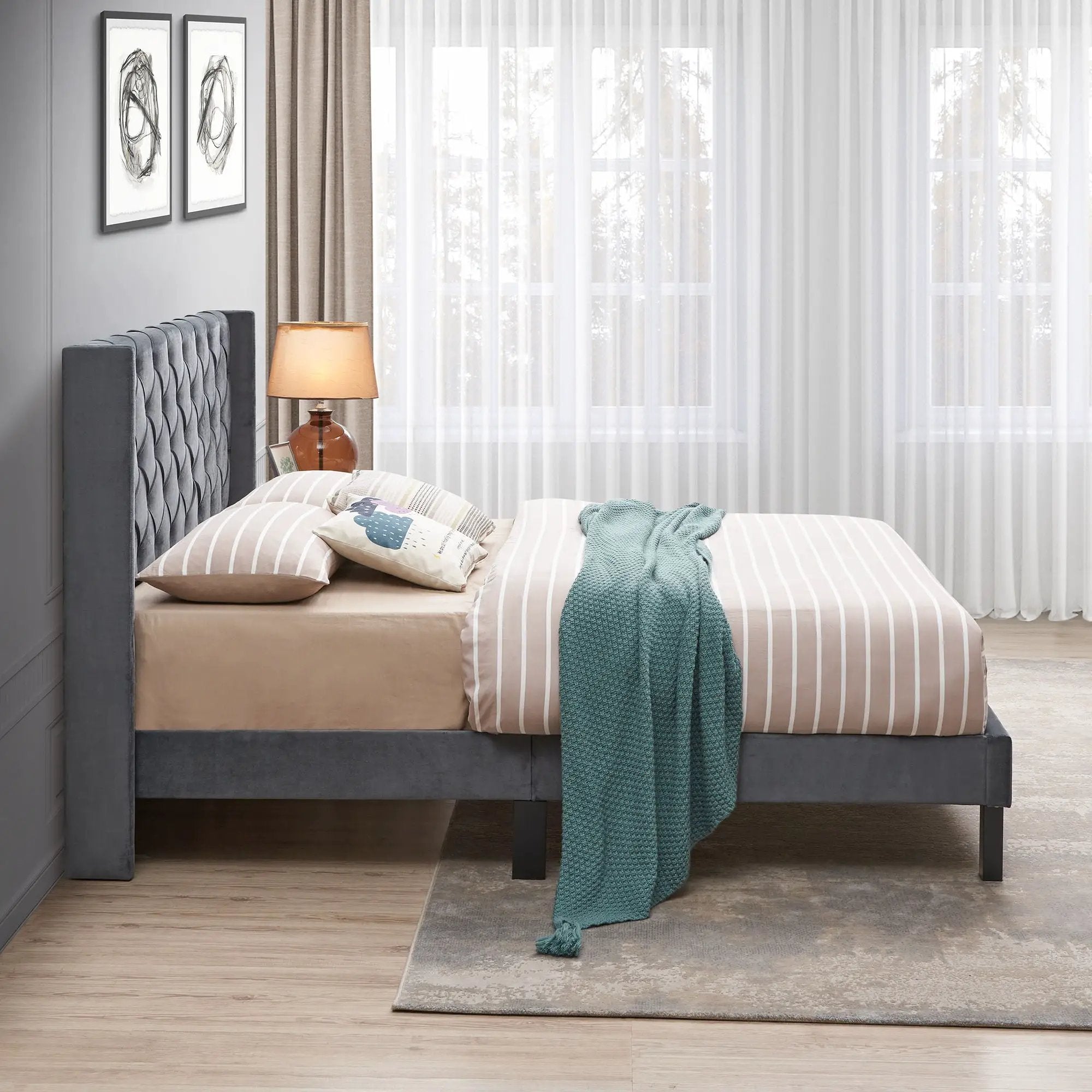 Velvet Button Tufted-Upholstered Bed With Wings Design Strong Wood Slat Support Queen Platform Bed - Gray by HouseOfZazla