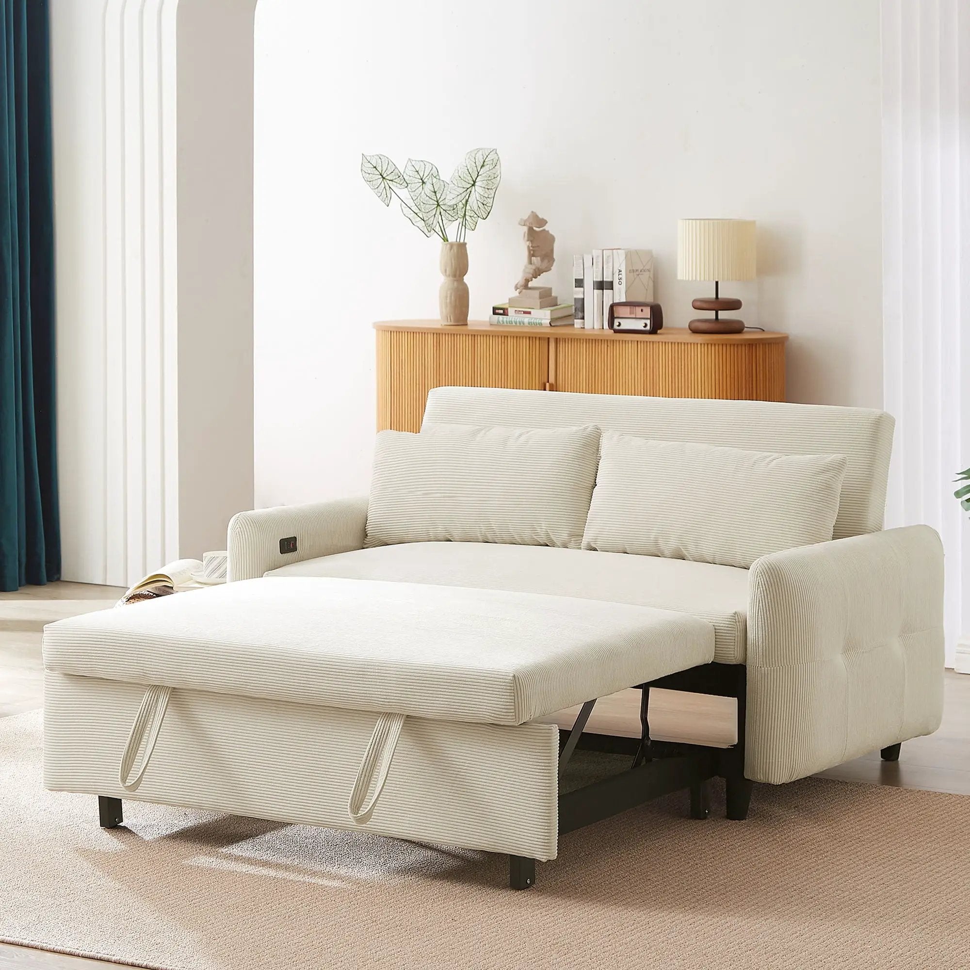 Pull-Out 2 Seat Modern Sleeper Sofa With 2 Throw Pillows And USB Ports by HouseOfZazla