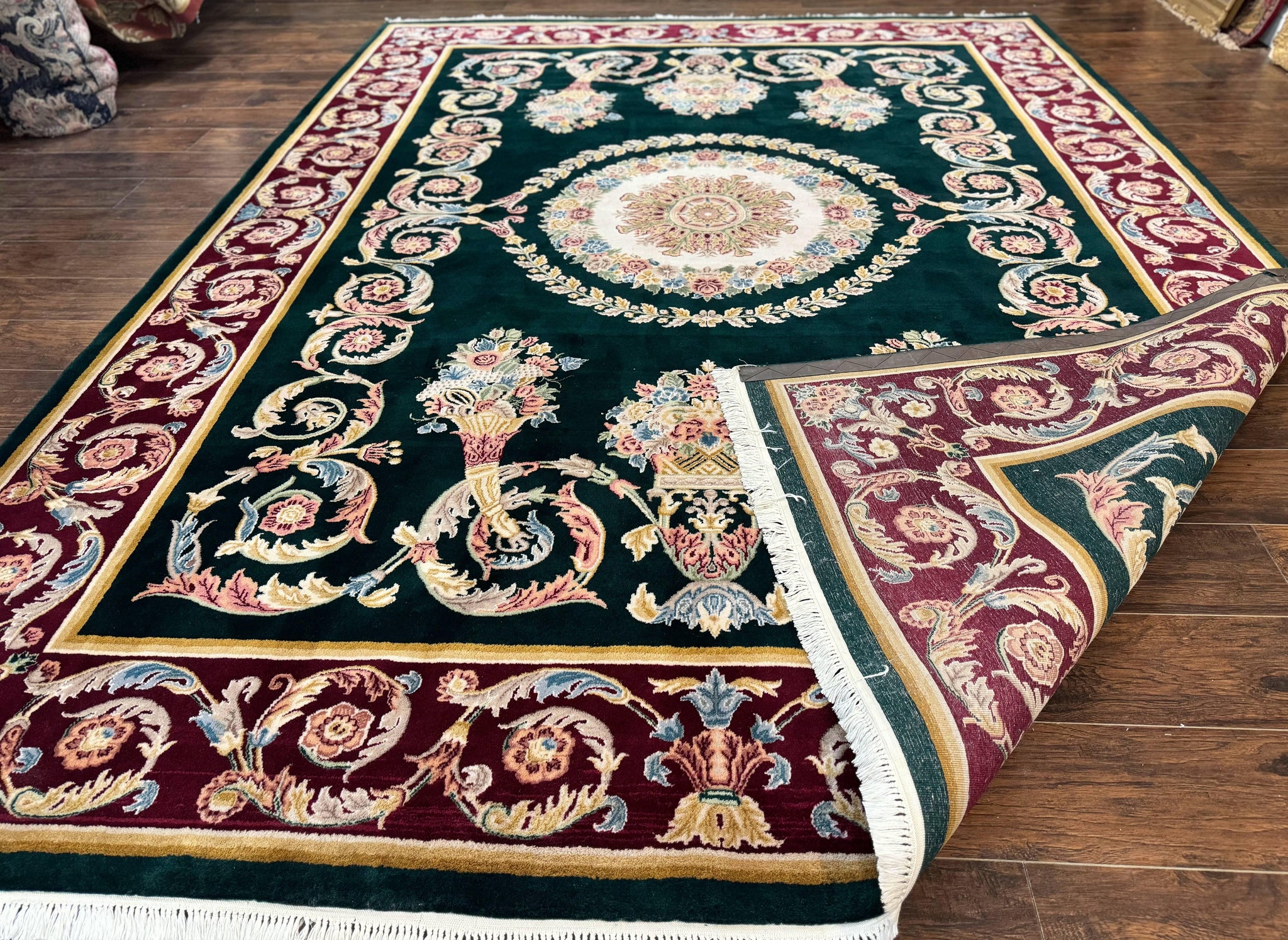 Aubusson Rug 9x12, Dark Green, European Design, Vintage Fine Handmade Carpet, Elegant by Jewel Rugs