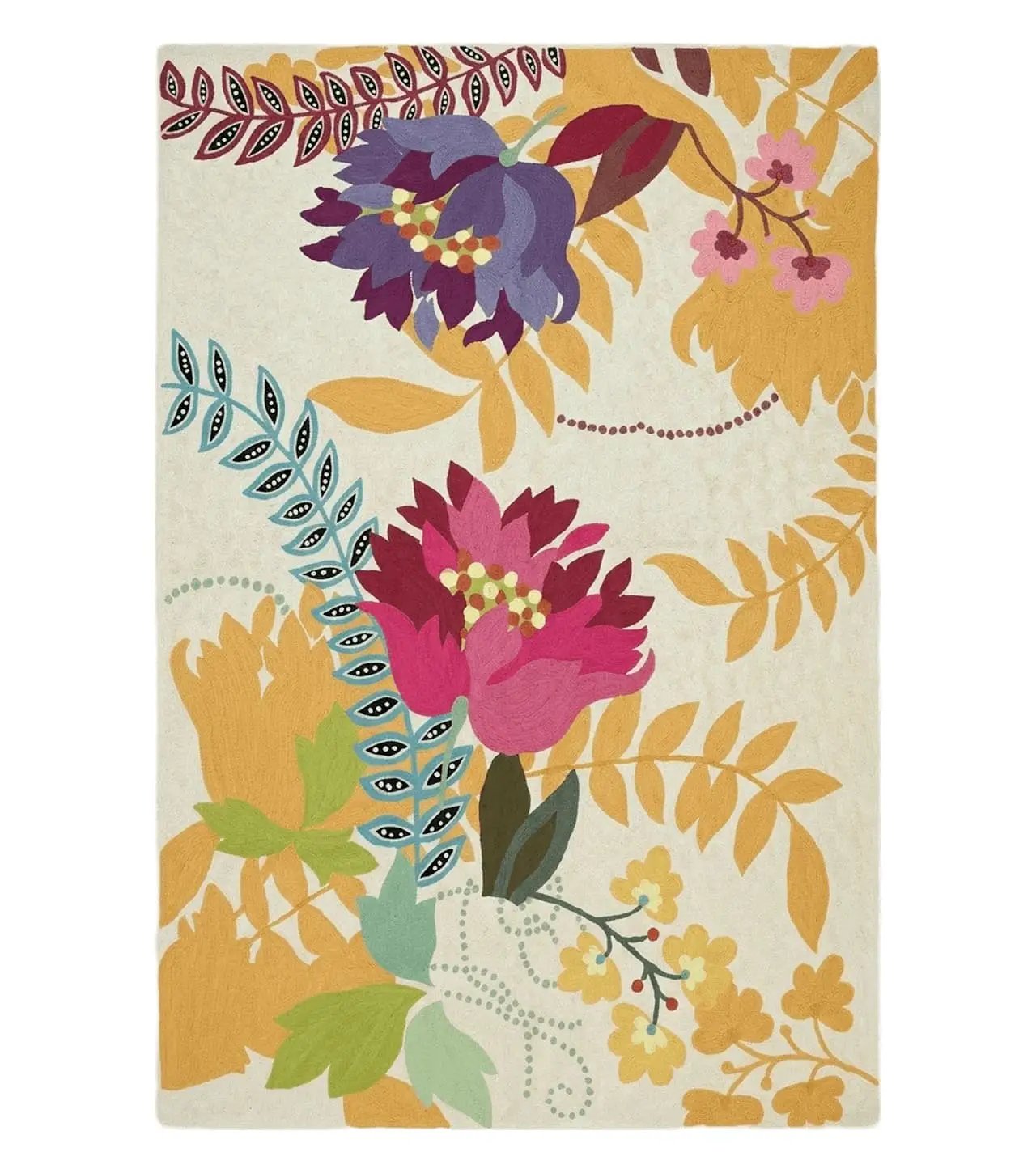 Indian Chain Stitched Rug 4x6, Hand Stitched Indian Embroidery Carpet, Large Floral Design, Contemporary, Cream and Colorful Flowers, Wool by Jewel Rugs