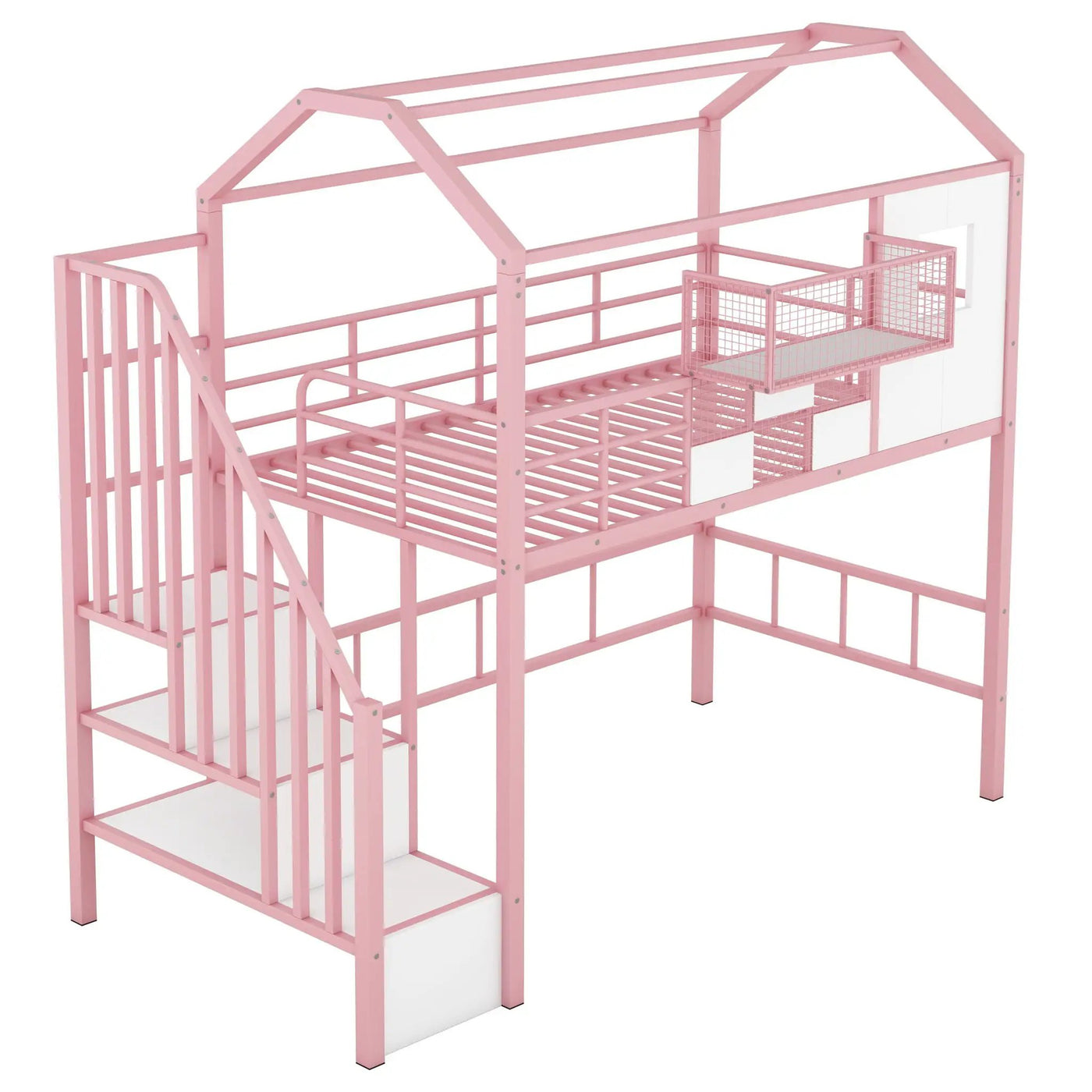Metal Loft Bed With Roof Design And Storage Box With Guardrails And Integrated Ladder by HouseOfZazla