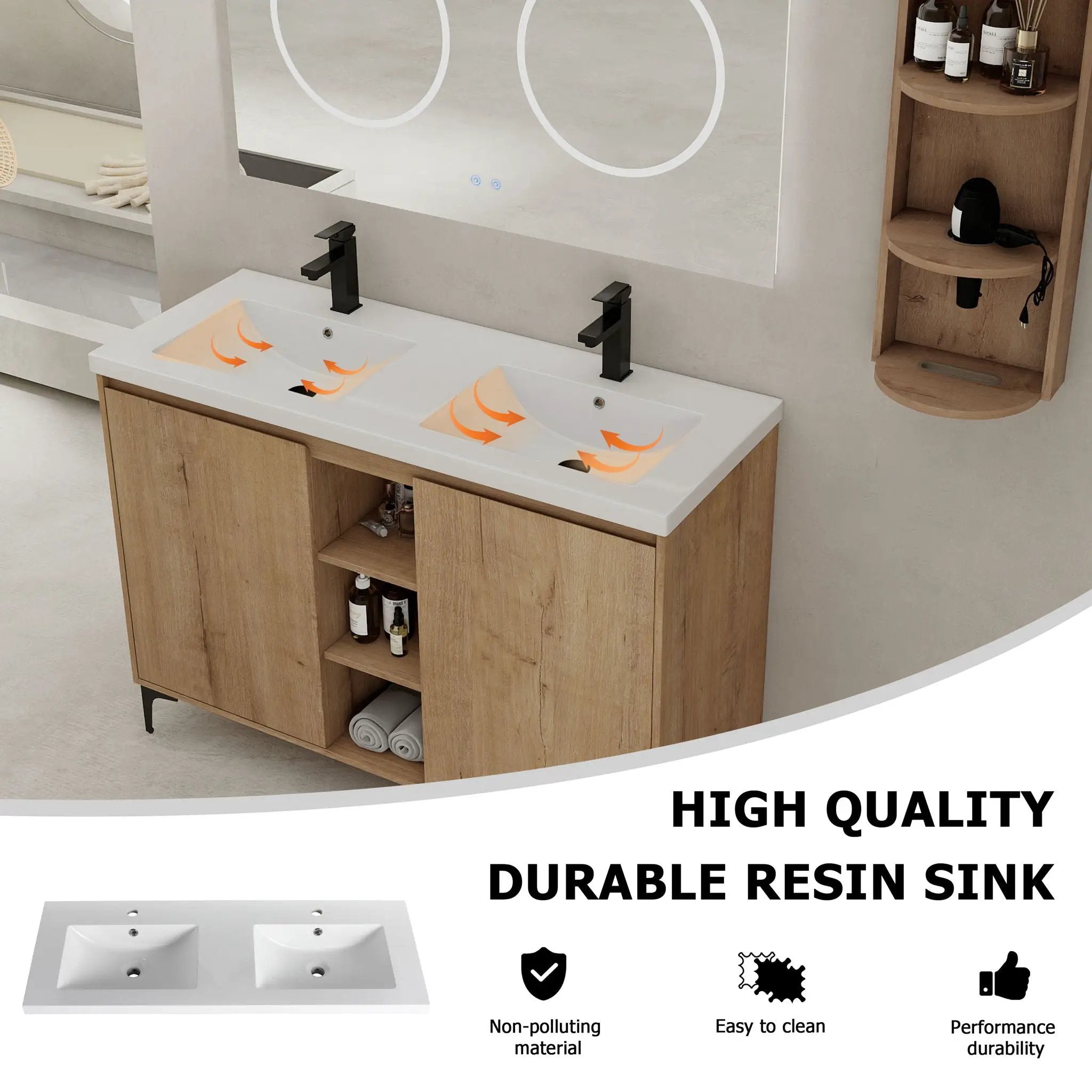 Elegant 48" Freestanding Bathroom Vanity With Double Resin Sink And Storage Rack Soft Close Doors - Imitative Oak by Unique Piece Furniture