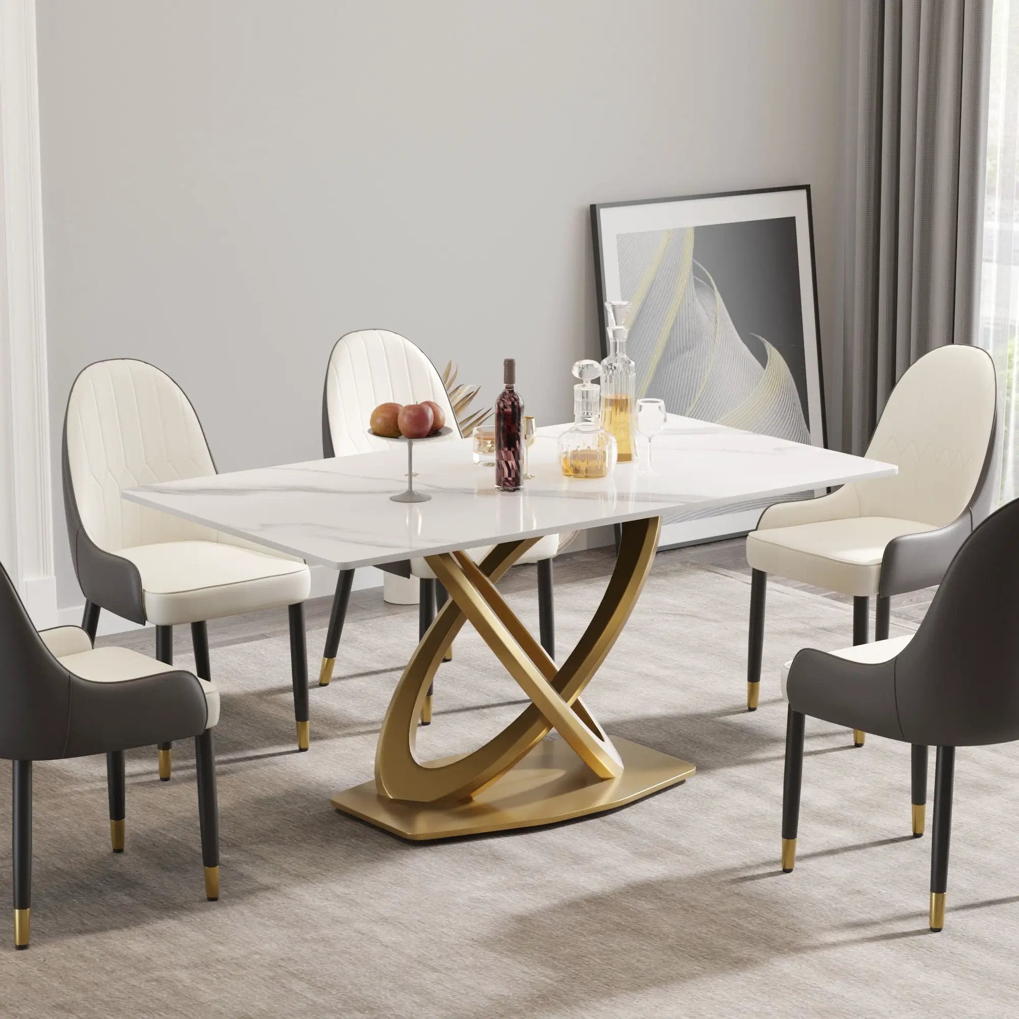 63" Modern Artificial Stone Panel Double-Ring Stainless Steel Metal Legs, Can Accommodate 6-8 People - White / Gold by HouseOfZazla