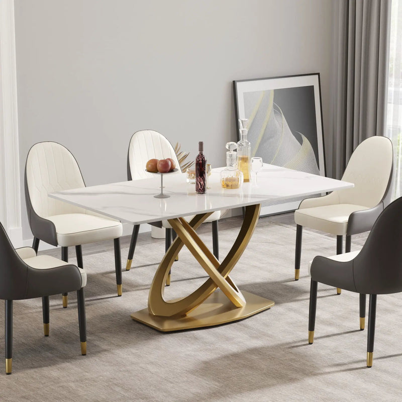 63" Modern Artificial Stone Panel Double-Ring Stainless Steel Metal Legs, Can Accommodate 6-8 People - White / Gold by HouseOfZazla