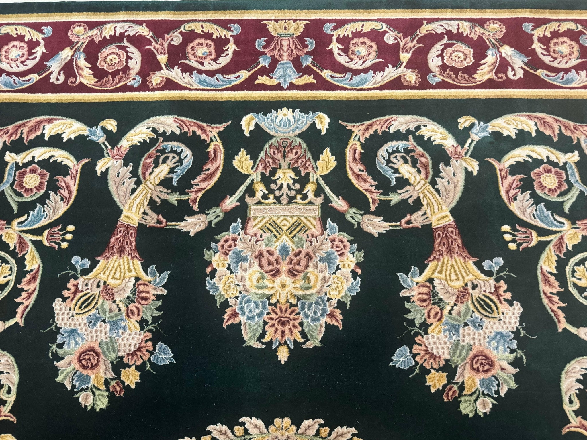 Aubusson Rug 9x12, Dark Green, European Design, Vintage Fine Handmade Carpet, Elegant by Jewel Rugs