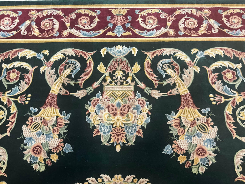 Aubusson Rug 9x12, Dark Green, European Design, Vintage Fine Handmade Carpet, Elegant by Jewel Rugs