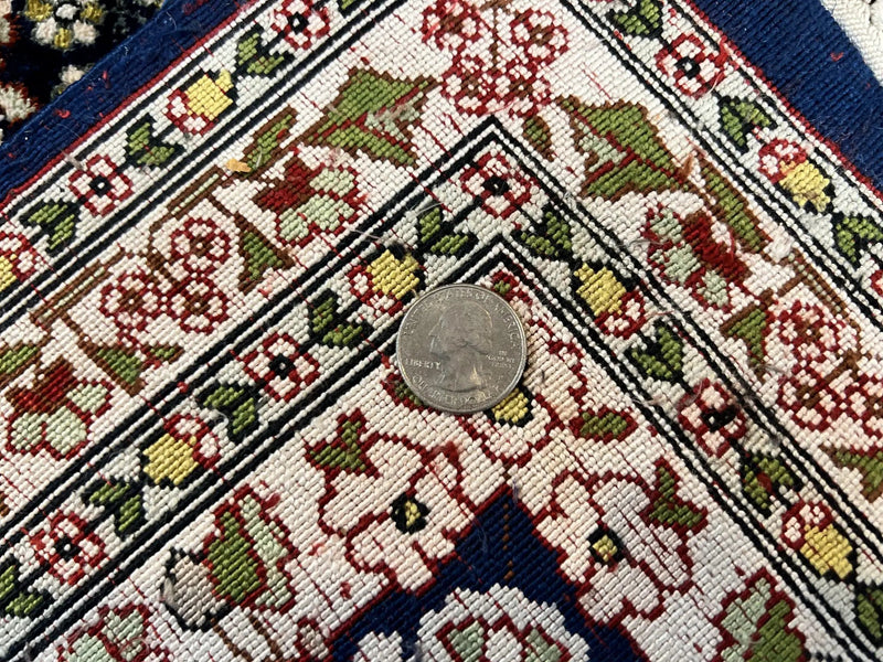 Silk Indian Kashmiri Rug 5x7, Navy Blue Indo Persian Silk Carpet 5 x 7 ft, Hand Knotted Handmade Very Fine Oriental Carpet, 450 KPSI, Birds by Jewel Rugs
