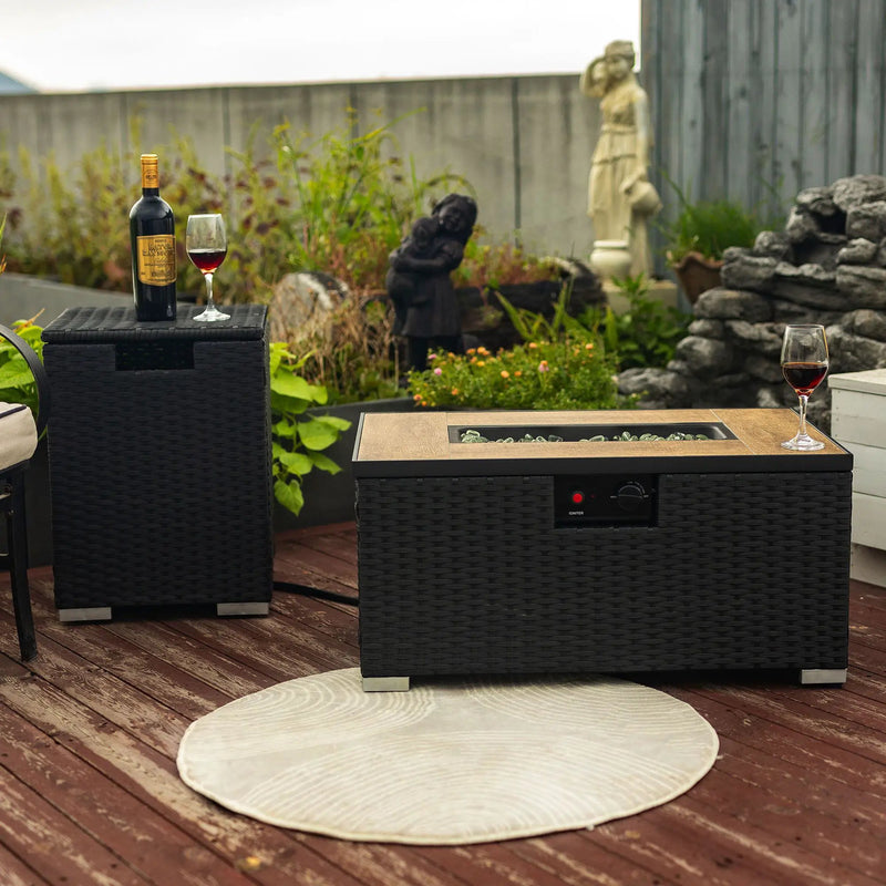 32" Propane Gas Fire Pit Table With Propane Tank Cover, 50000 Btu Rectangular Steel Fire Pit With Beautiful Wicker Base by HouseOfZazla