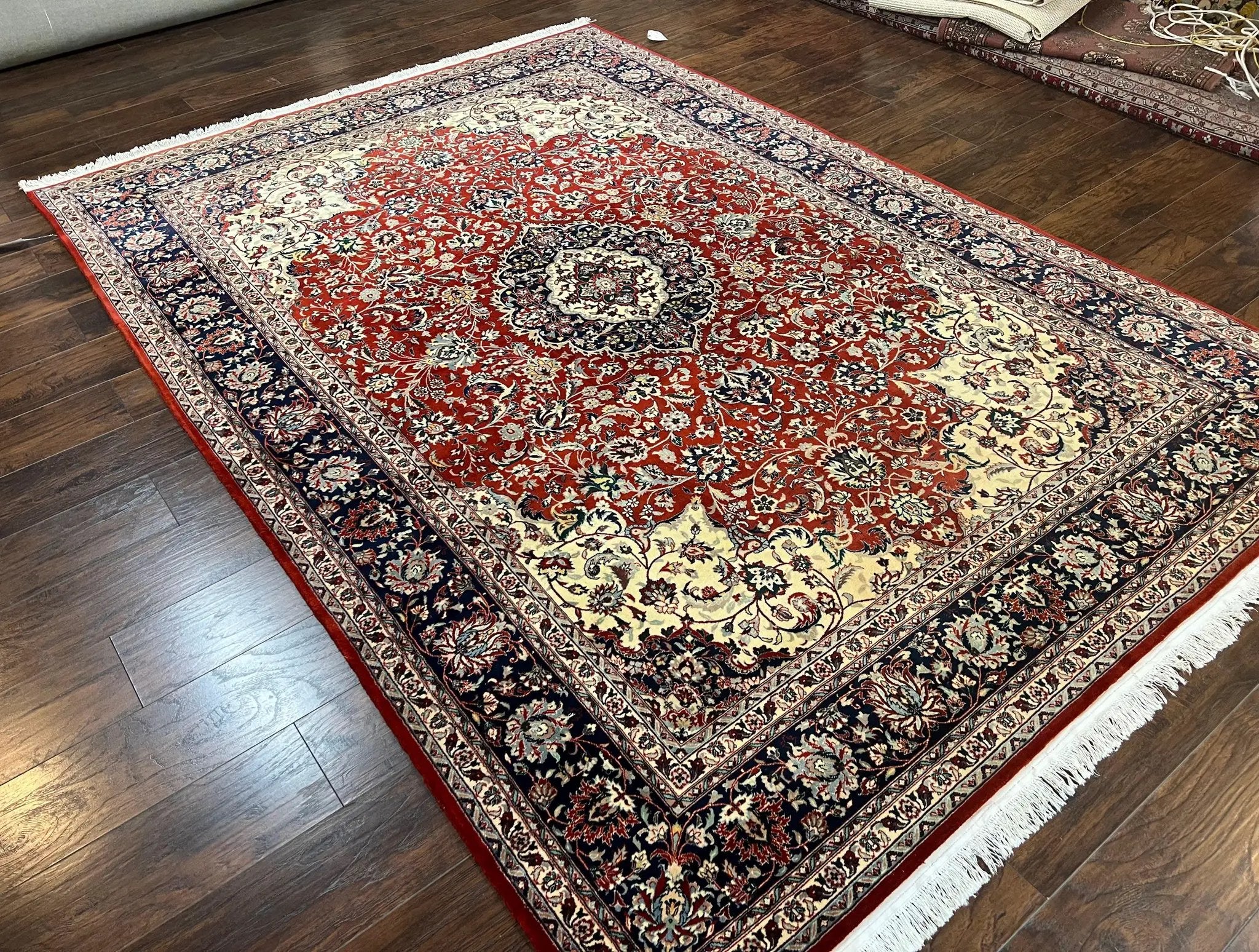 Fine Sino Persian Rug 7x10 ft, Floral Central Medallion Oriental Carpet, Red Navy Blue Cream, Hand Knotted Wool Traditional Vintage Rug by Jewel Rugs