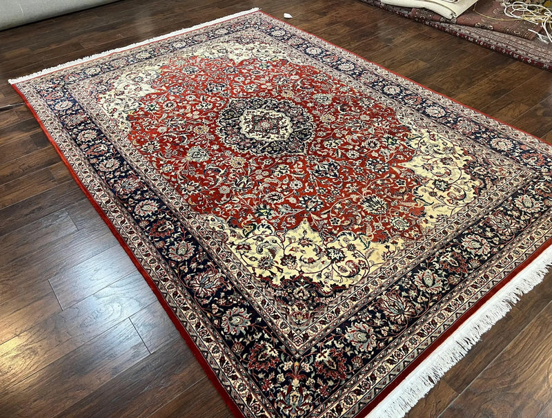 Fine Sino Persian Rug 7x10 ft, Floral Central Medallion Oriental Carpet, Red Navy Blue Cream, Hand Knotted Wool Traditional Vintage Rug by Jewel Rugs