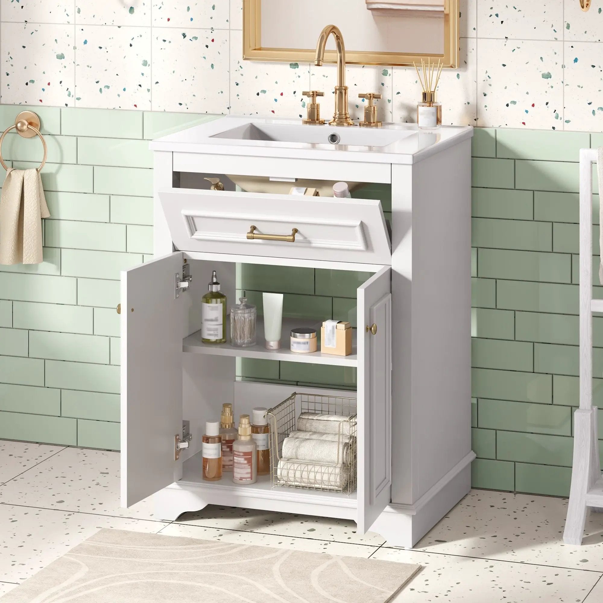 Bathroom Vanity With Integrated Sink, 2 Door Cabinet With Tip Out Drawer, Rectangular Design by Unique Piece Furniture