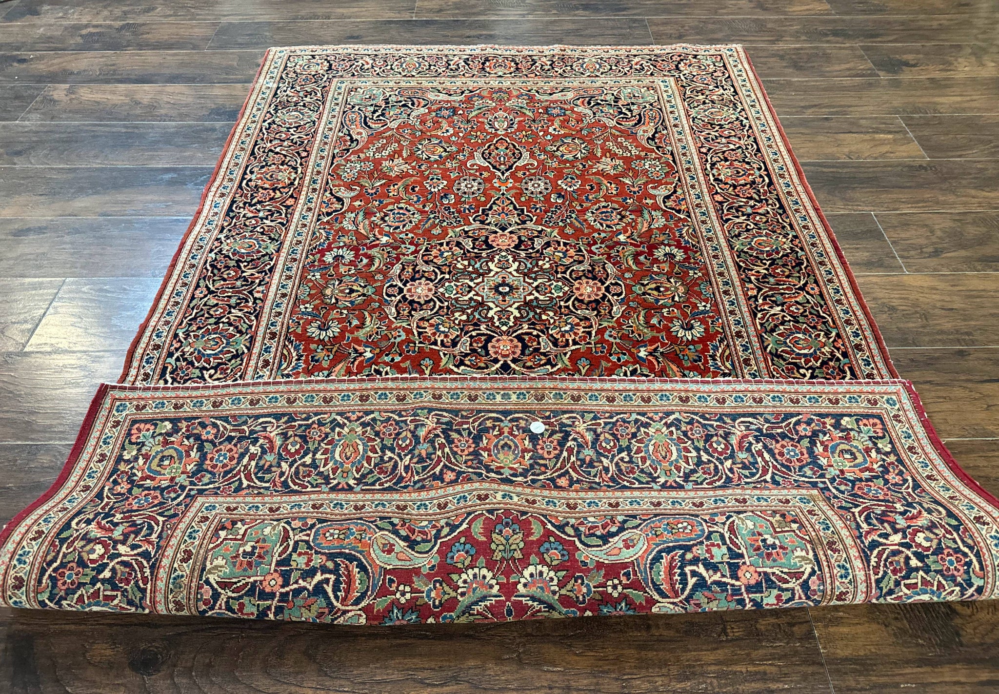 Persian Kashan Rug 4x7, Red and Navy Blue, Floral Antique Carpet by Jewel Rugs
