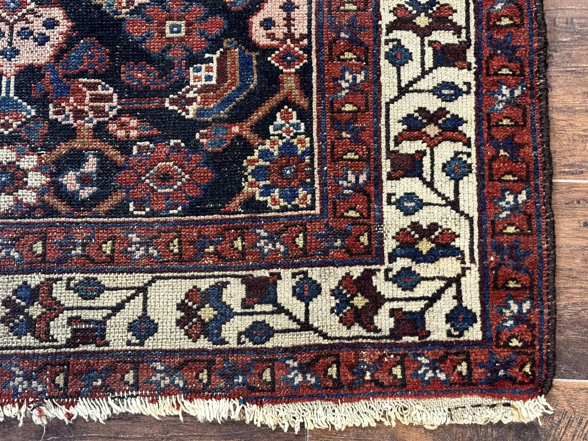 Navy Blue Antique Persian Rug 3x6, Blue and Ivory Persian Carpet, Handmade 1920s Hamadan Rug by Jewel Rugs