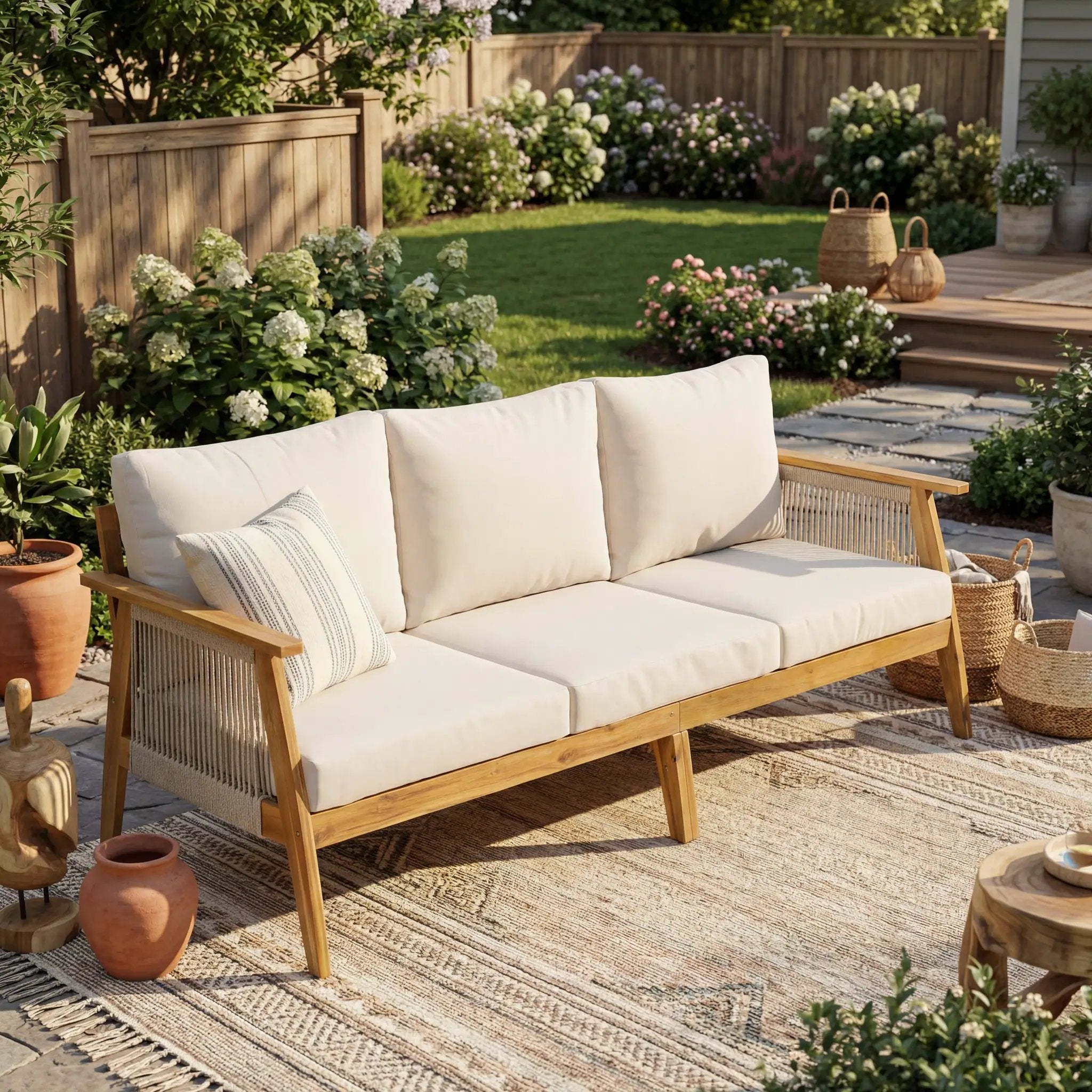 Outdoor Acacia Wood and Rope 3 Seater Patio Sofa by HouseOfZazla