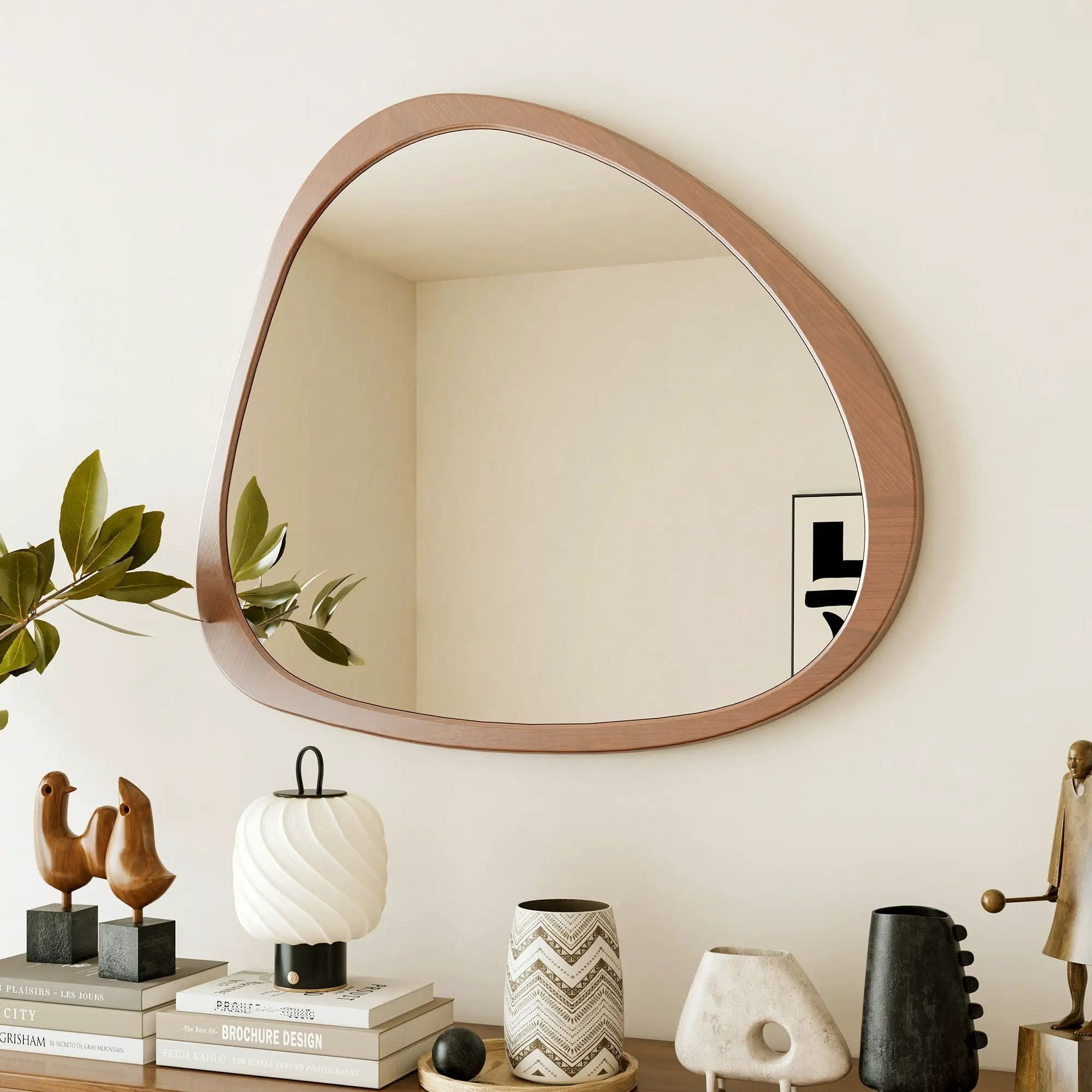 Asymmetrical Wall Mirror Wooden Framed Mirror Large Sized Dressing Mirror, For Living Room, Bedroom, Bathroom, Hallway Or Entry Way - Natural Wood by Unique Piece Furniture