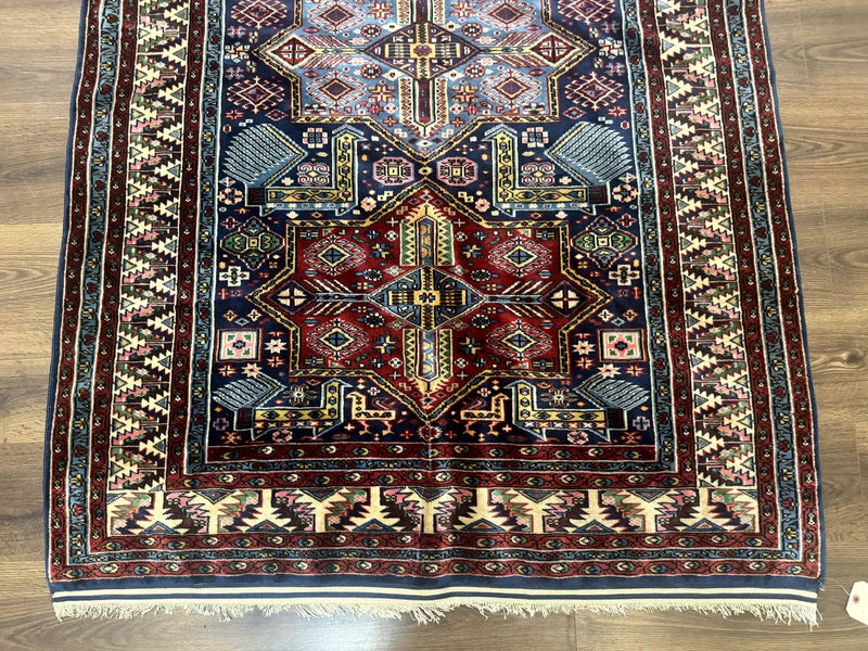 Indian Rug with Caucasian Design, 4x6 Geometric Carpet, Navy Blue and Cream by Jewel Rugs