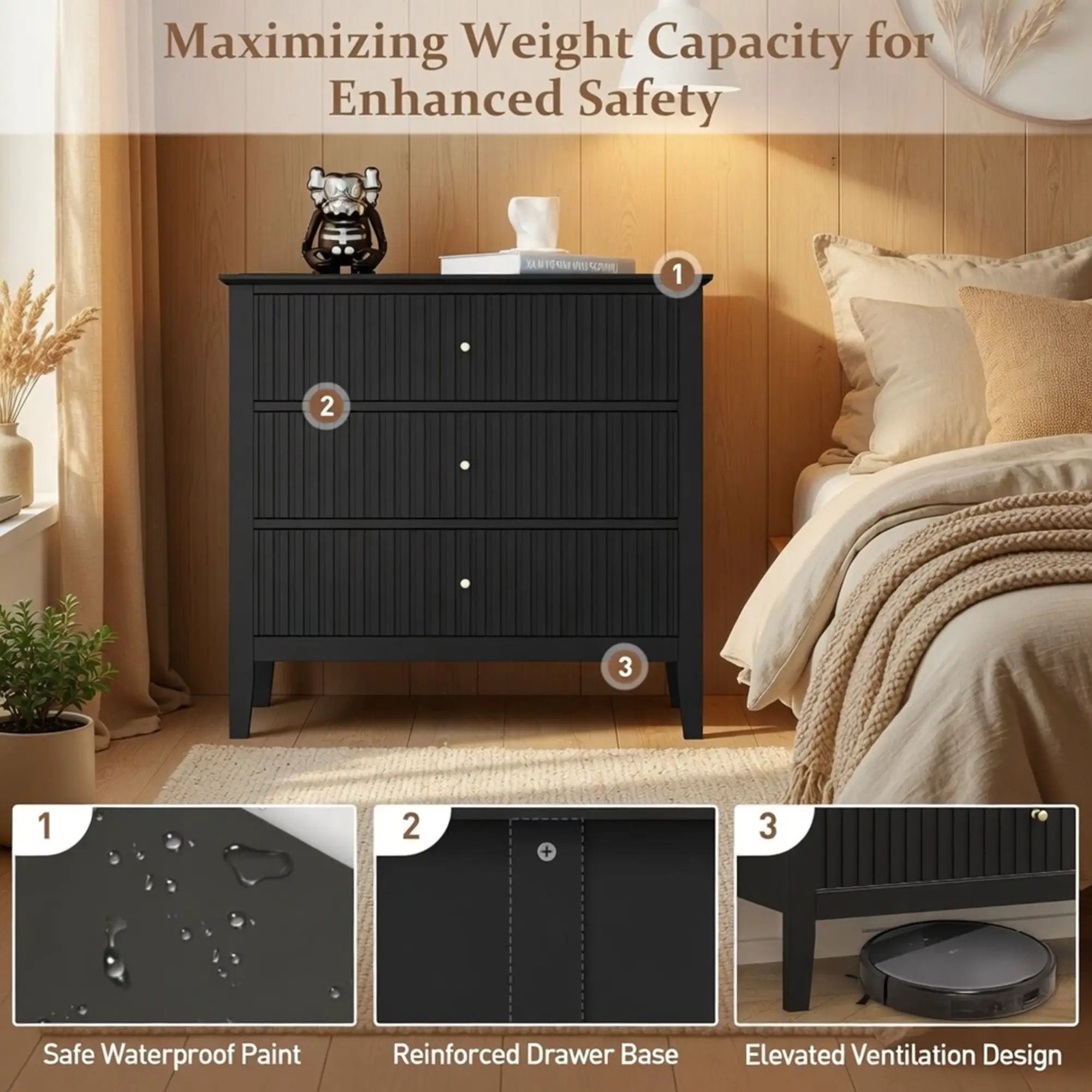 Fluted 3 Drawer Nightstand With Soft Close Slides by HouseOfZazla