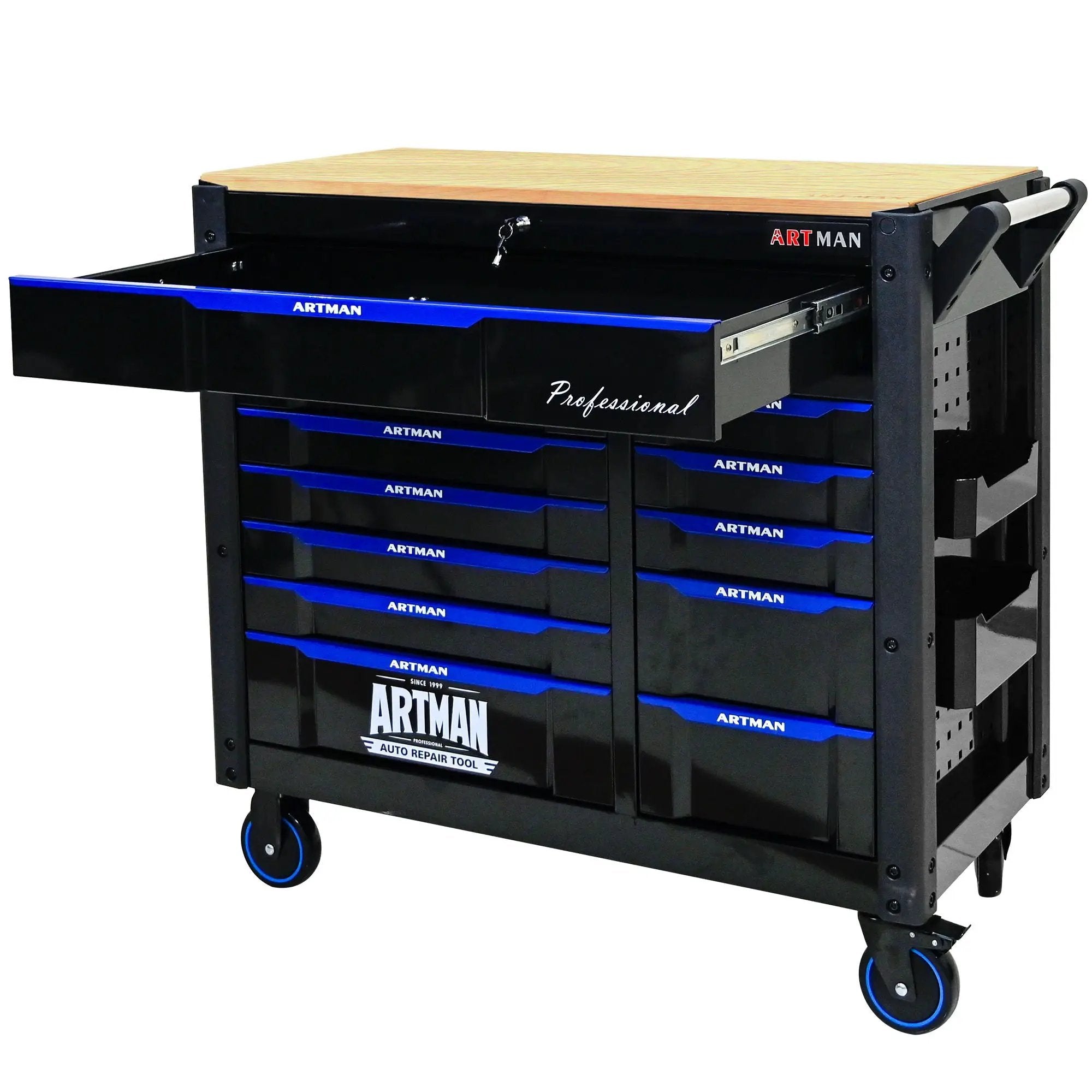 12 Layer Drawer Multi Purpose Tool Cart With Wheels And Wooden Countertops - Black / Blue by HouseOfZazla