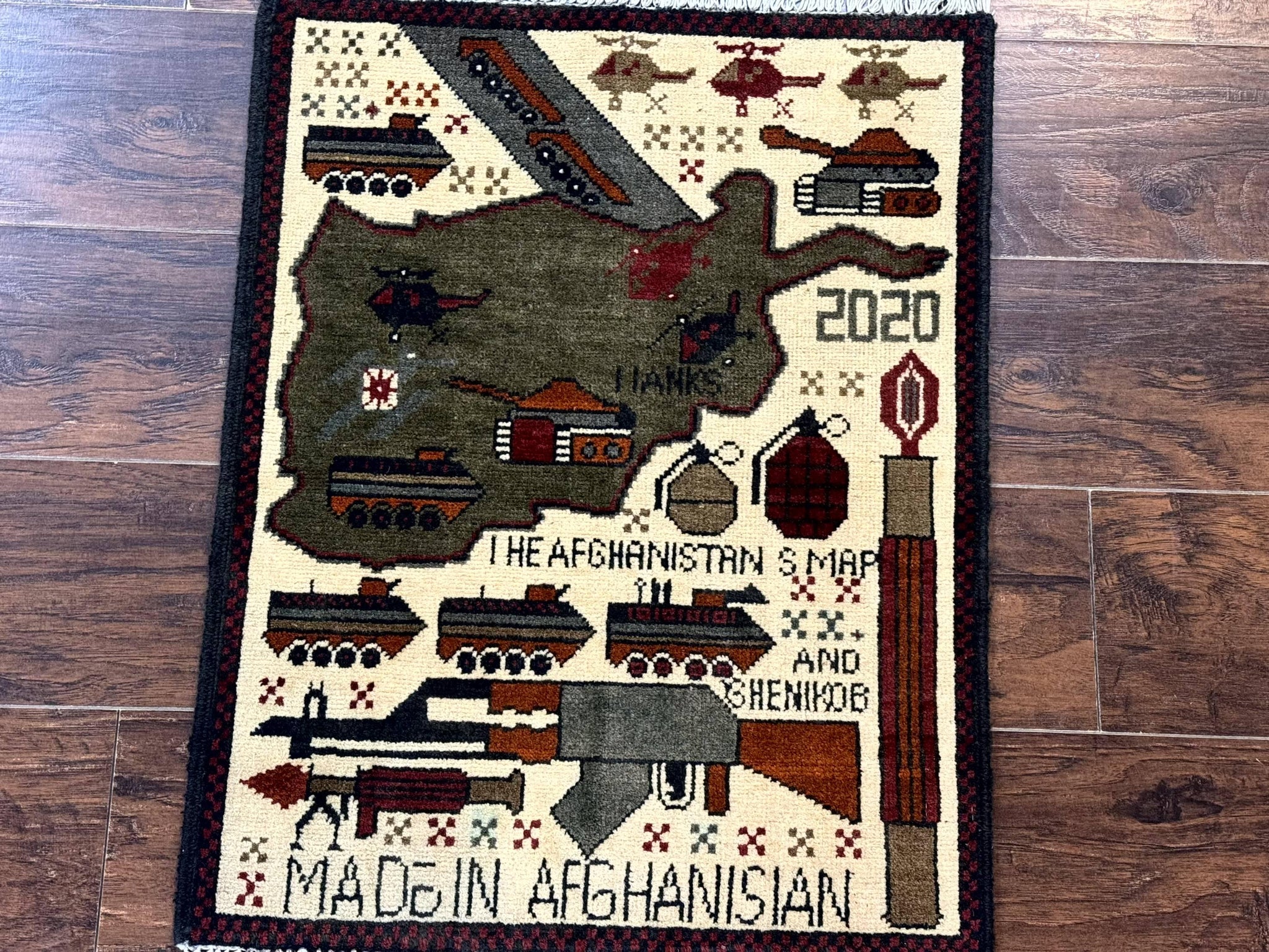 Afghan War Rug, Tanks Helicopters Guns by Jewel Rugs