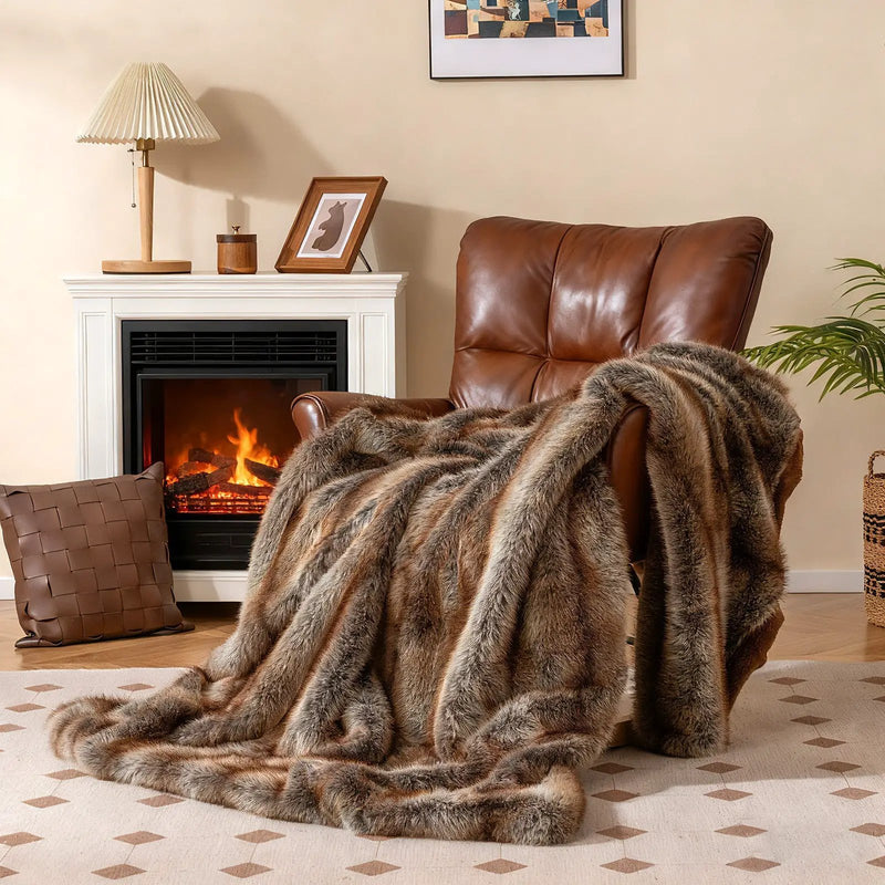 780GSM Soft Plush Fuzzy Luxury Faux Fox Fur Blanket for Sofa-Brown by DirectDeals