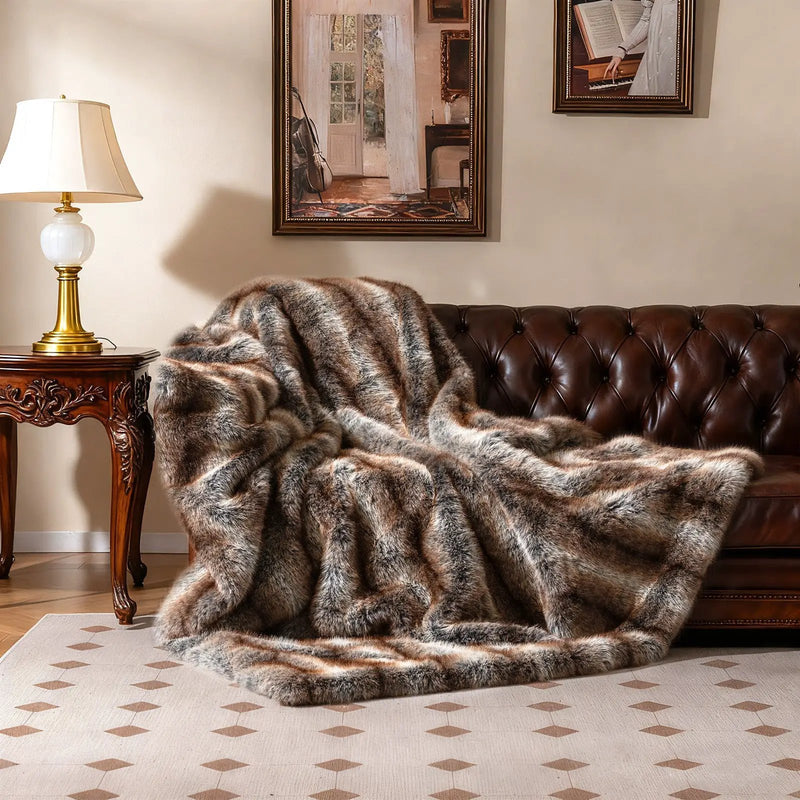 780GSM Soft Plush Fuzzy Luxury Faux Fox Fur Blanket for Sofa-Brown by DirectDeals