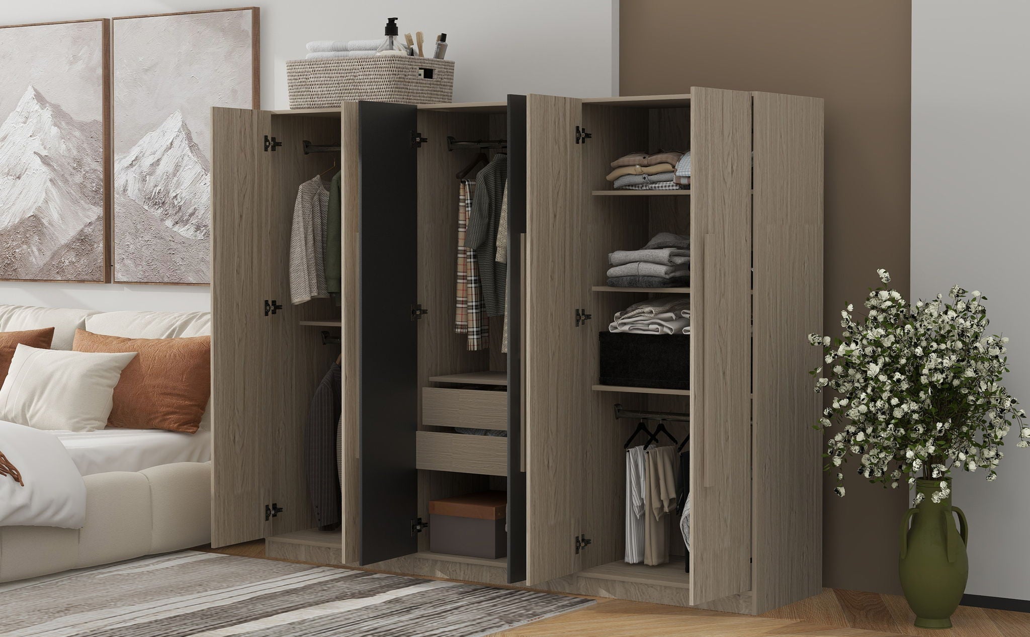 6 Doors Wardrobe Storage For Bedroom, With 2 Drawers Inside - Black / Nature by HouseOfZazla
