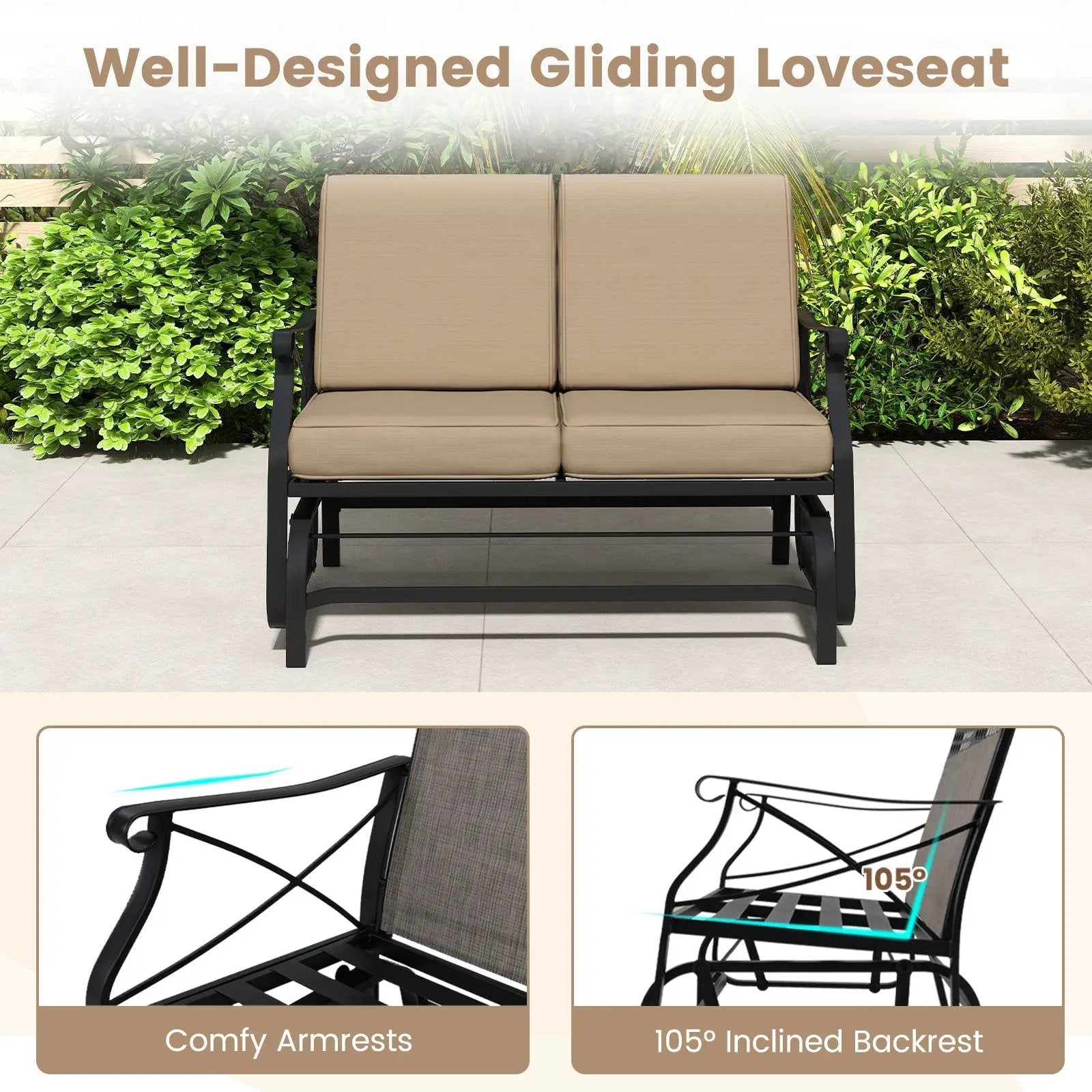 Outdoor 2-Person Glider Rocking Chair Loveseat with Thick Cushions and Metal Frame-Brown by DirectDeals