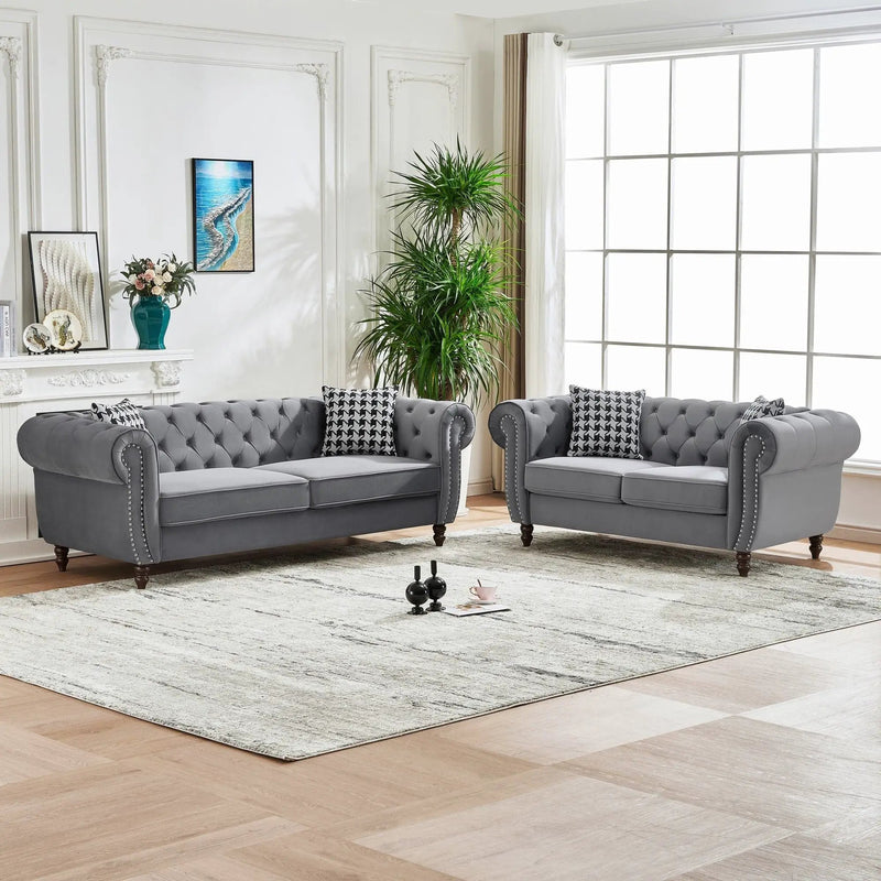 Chesterfield 3 And 2 Seater Upholstery Sofa With Roll Armrest & Nailhead Fabric Couch by HouseOfZazla
