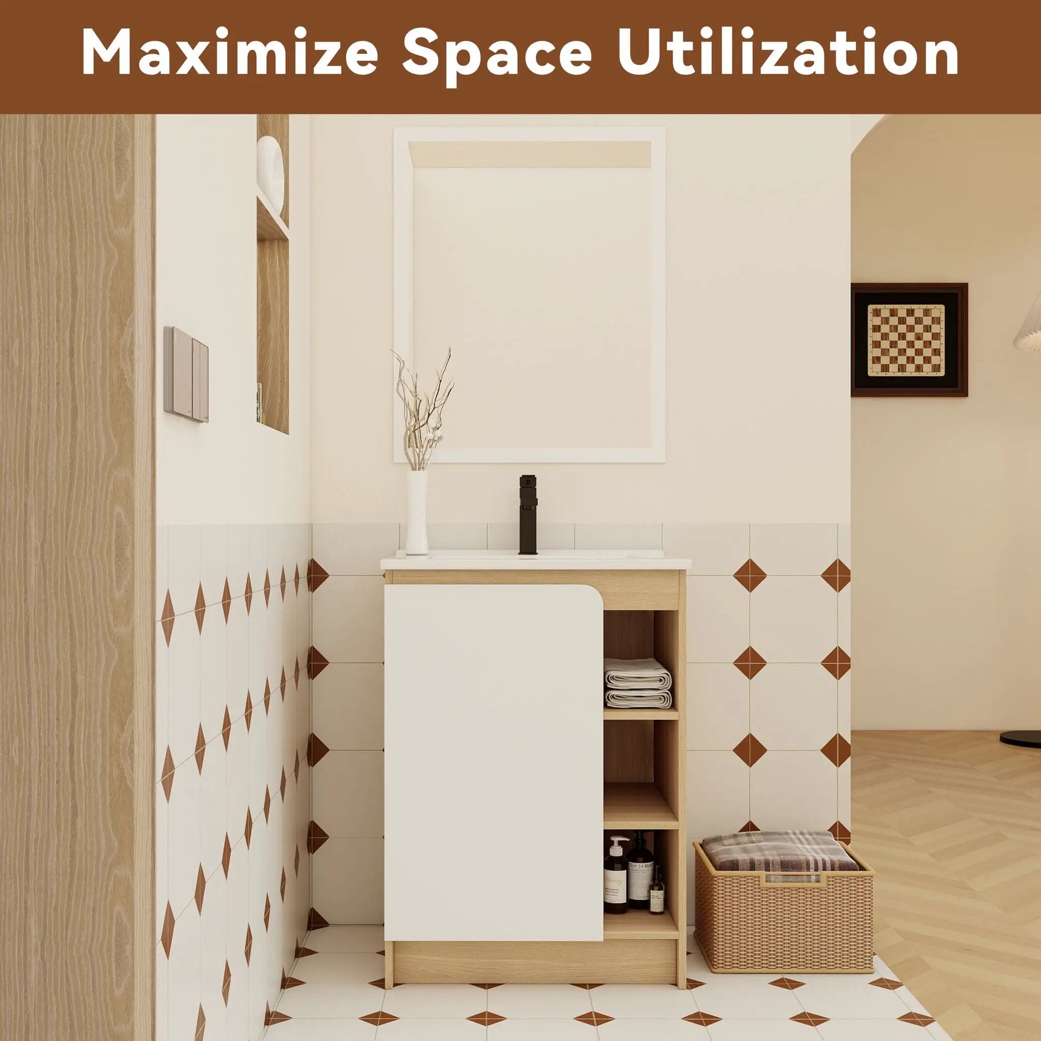 Freestanding Bathroom Vanity With Thin Rim Sink, Single Door With 4 Tier Open Shelves - Light Oak / White by HouseOfZazla