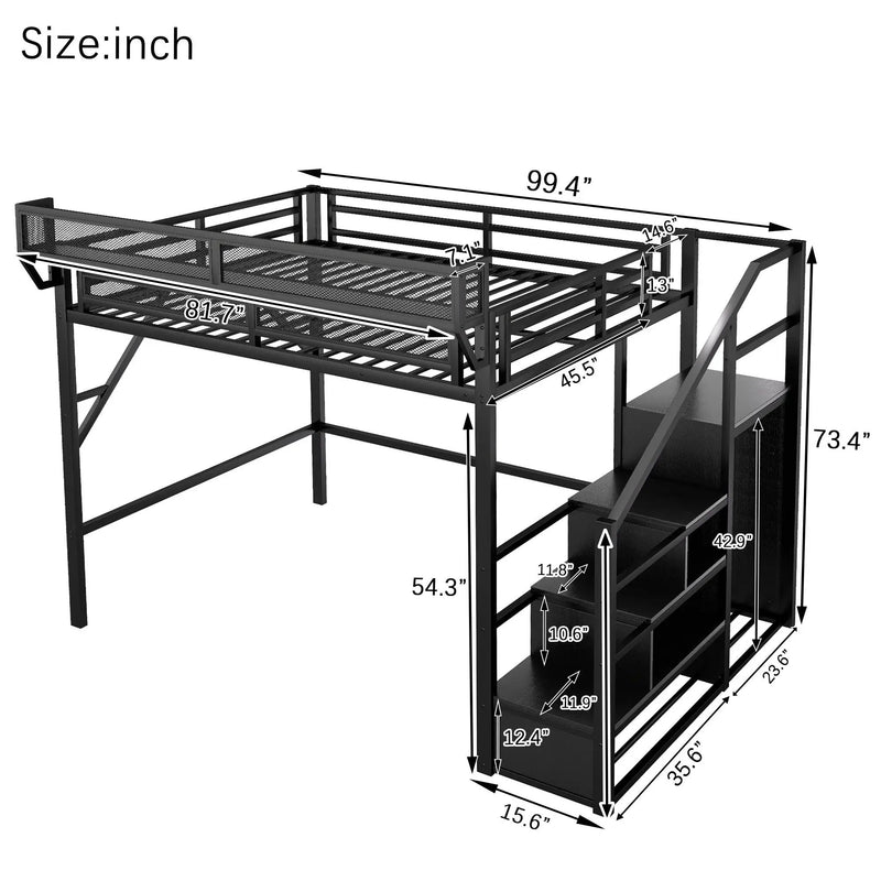 Queen Size Loft Bed With Stairs, Storage Shelves, Wardrobe - Black by Unique Piece Furniture