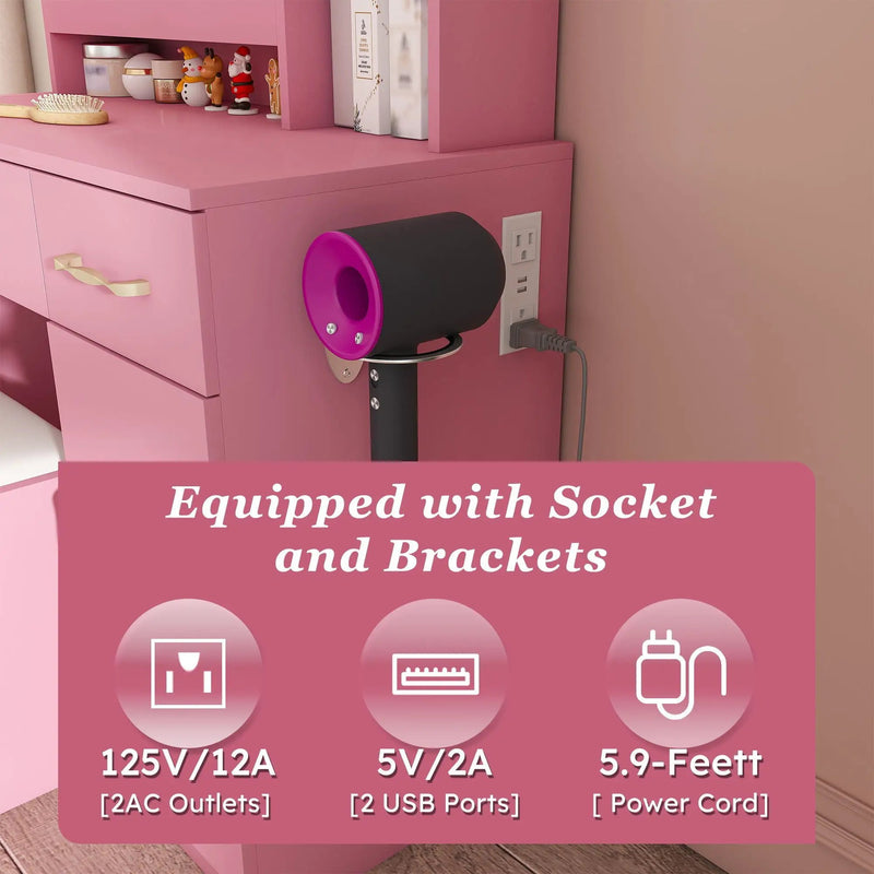 Vanity Desk With LED Mirror Lights And Power Outlet Charging Station, 3 Drawers, 7 Shelves, Storage Stool - Pink by HouseOfZazla