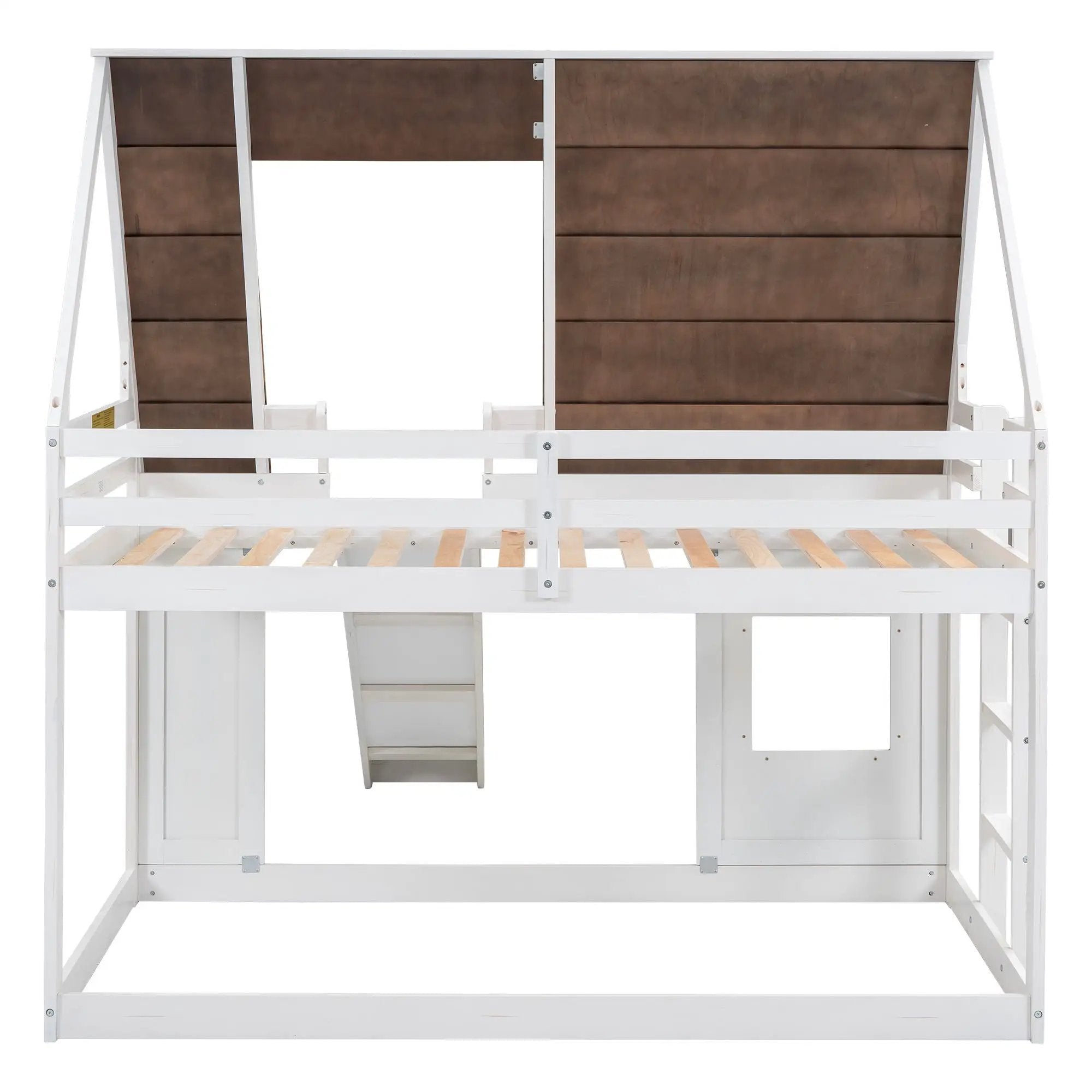 Wood Twin Size House Bunk Bed With Roof, Ladder And Slide - White / Brown by Unique Piece Furniture