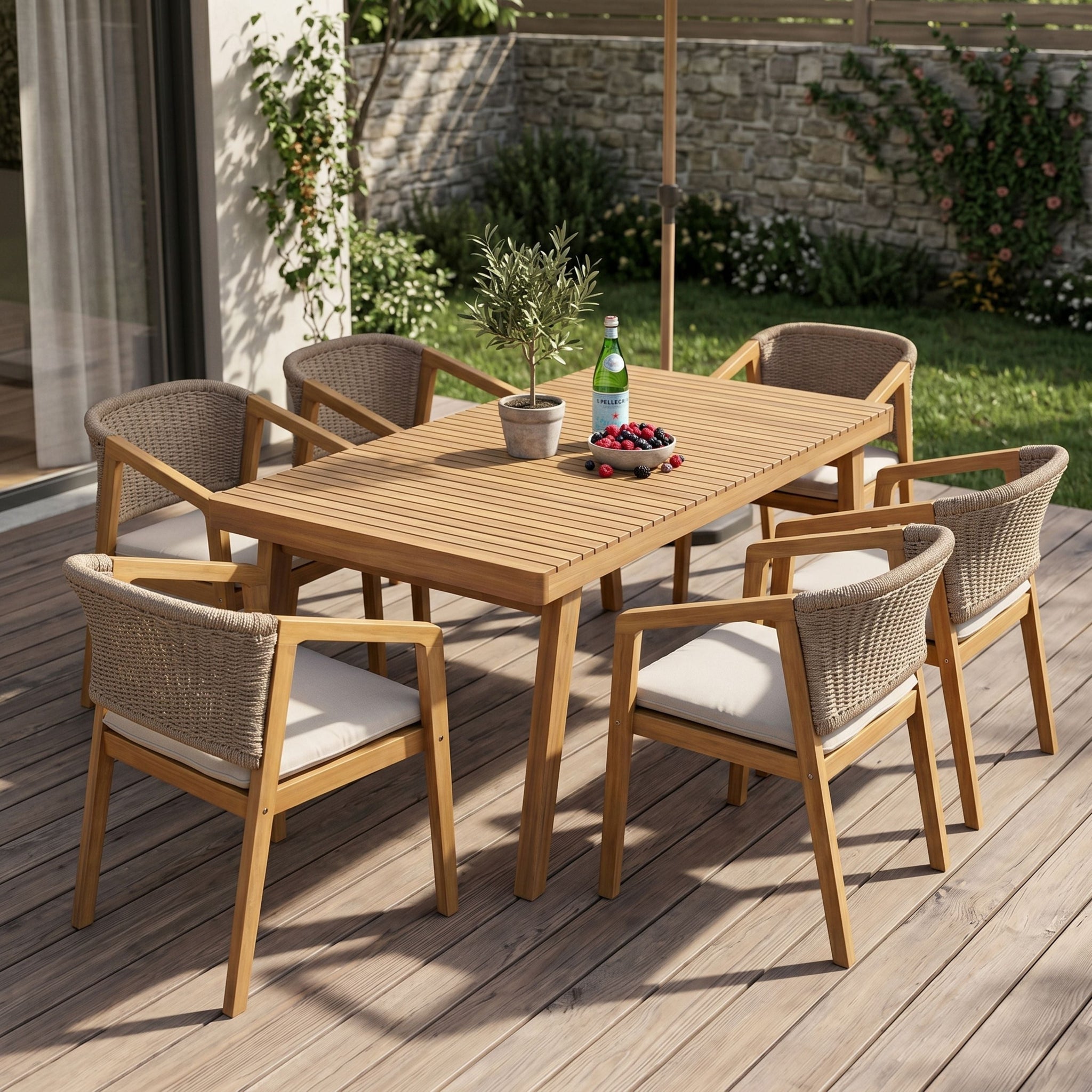 7-Piece Outdoor Acacia Wood Dining Set, 69" Rectangular Patio Table & 6 Mix by HouseOfZazla