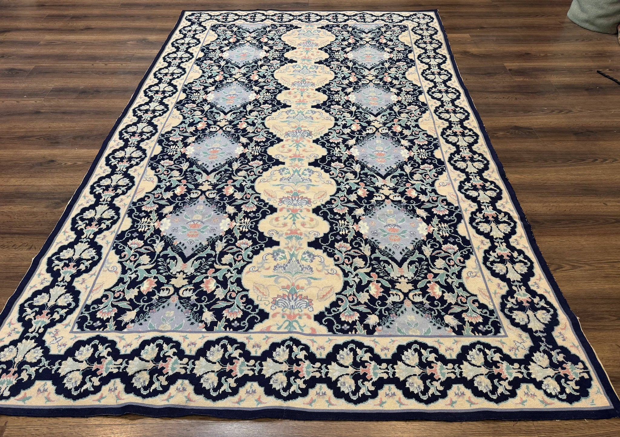 Needlepoint Rug 6x9, Ivory and Navy Blue by Jewel Rugs