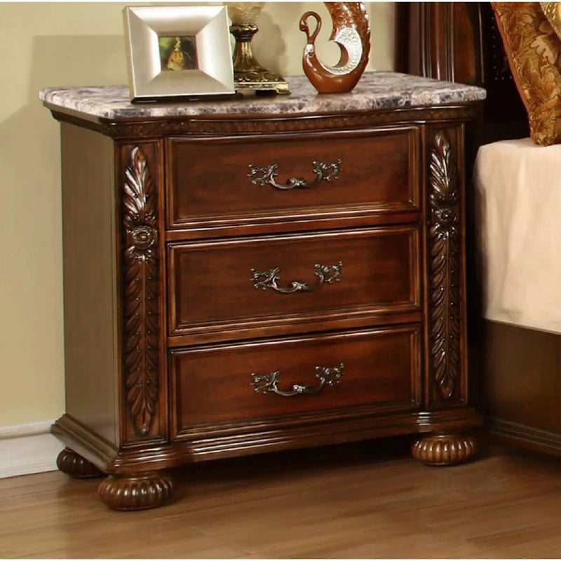 3 Drawer Nightstand, Bedside Table Hand Carved Storage For Bedroom - Cherry by Unique Piece Furniture
