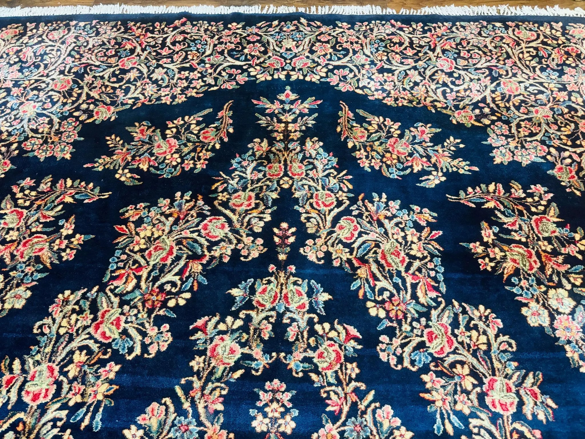 Antique Persian Kerman Rug 10x13, Navy Blue Floral Carpet, Fine 270 KPSI by Jewel Rugs