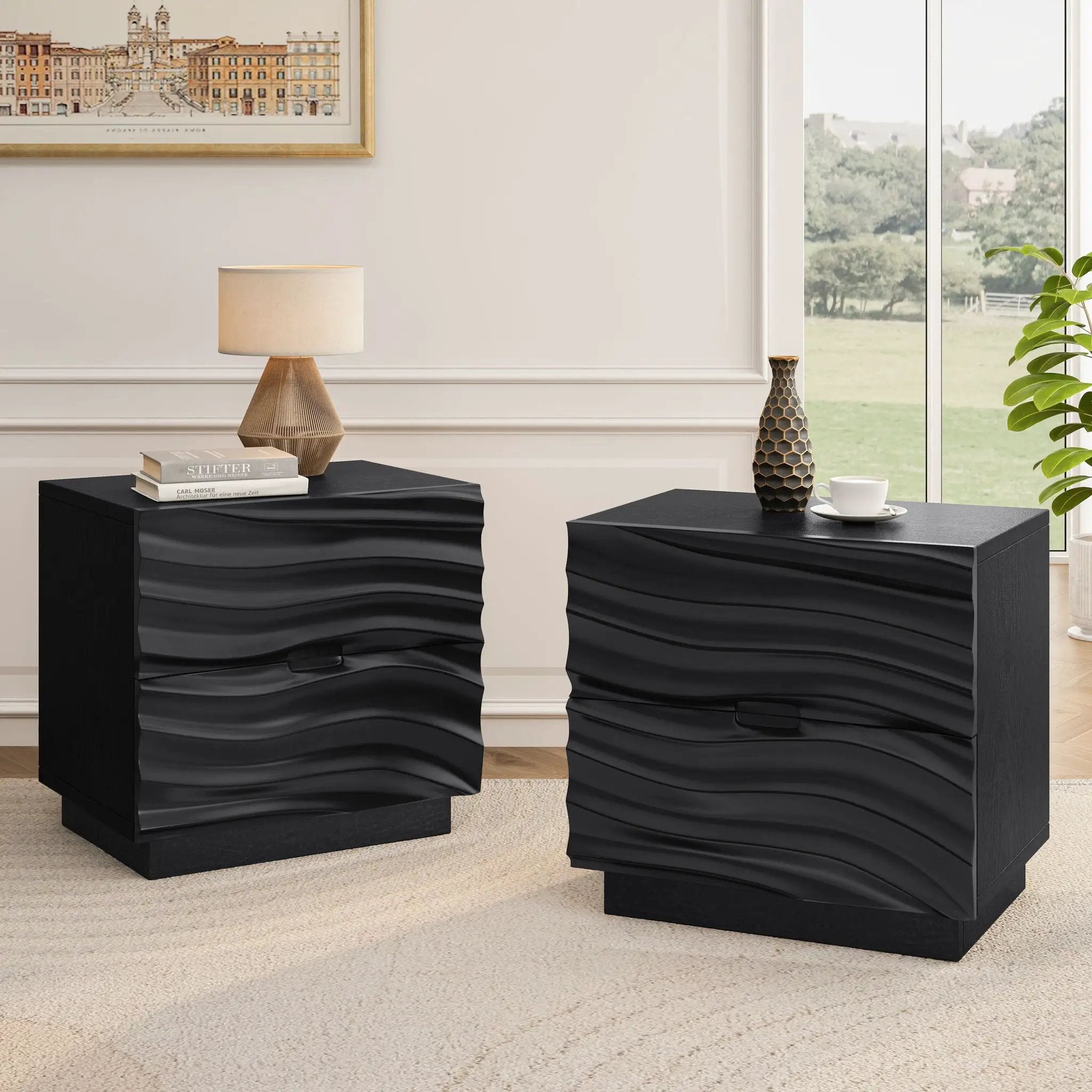 Nightstands, Bedside Table With 2 Drawers (Set of 2) - Black by HouseOfZazla