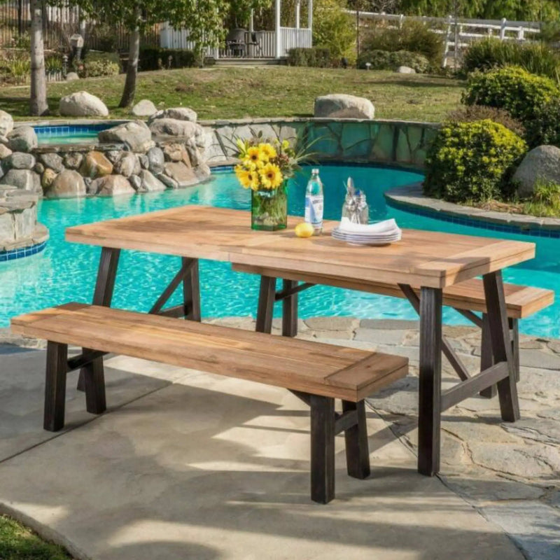 Outdoor Dining Set with 2 Benches and 1 Dining Table - Light Brown by HouseOfZazla