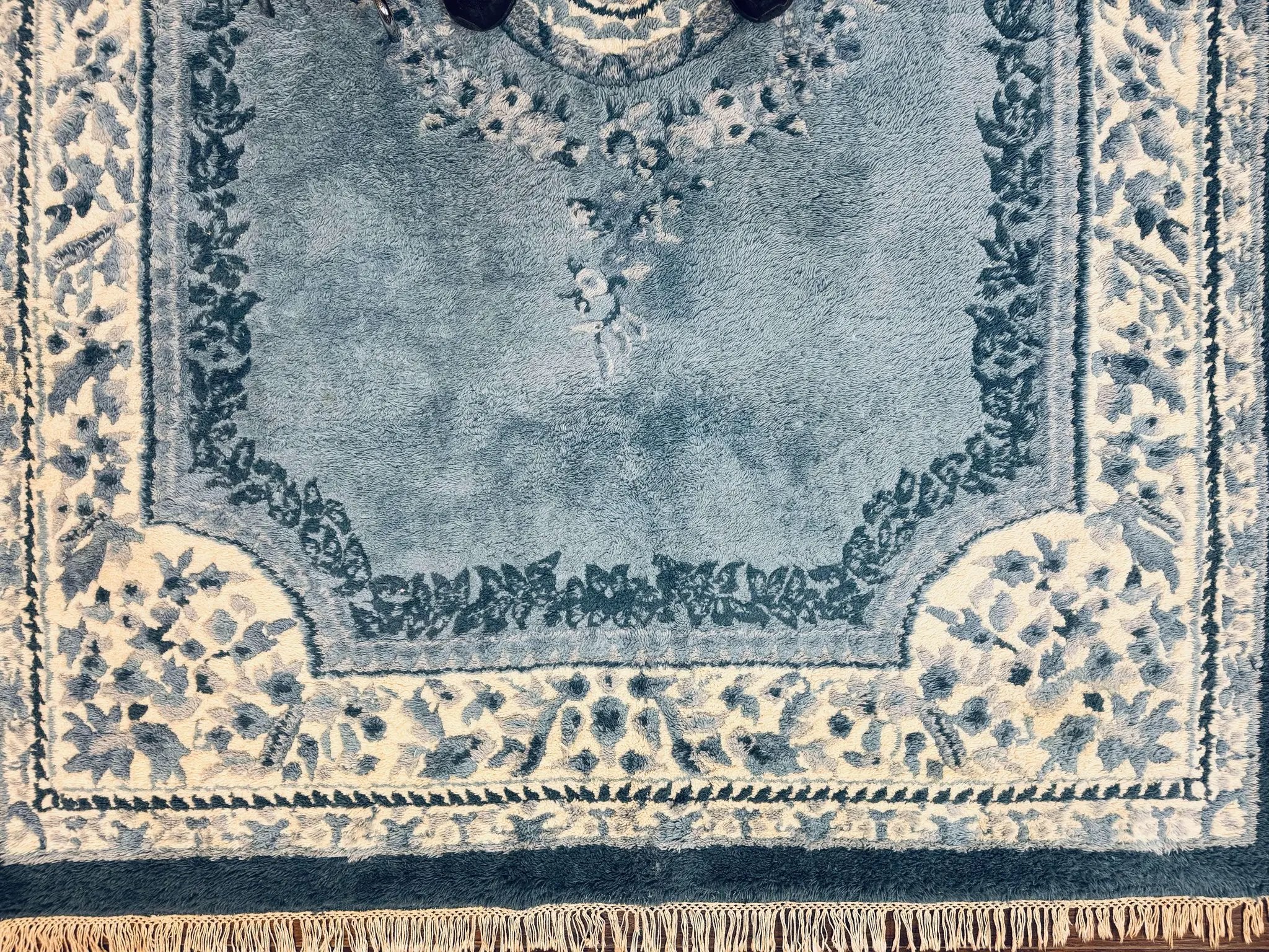 Indo Chinese Aubusson Rug 6x9, Light Blue and Ivory, Handmade Vintage Wool Carpet by Jewel Rugs