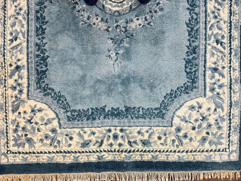 Indo Chinese Aubusson Rug 6x9, Light Blue and Ivory, Handmade Vintage Wool Carpet by Jewel Rugs