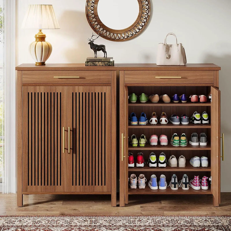 5 Tier Shoe Cabinet With Louvered Doors And Drawer, Freestanding Organizer With Adjustable Shelves For Entryway - Brown by HouseOfZazla