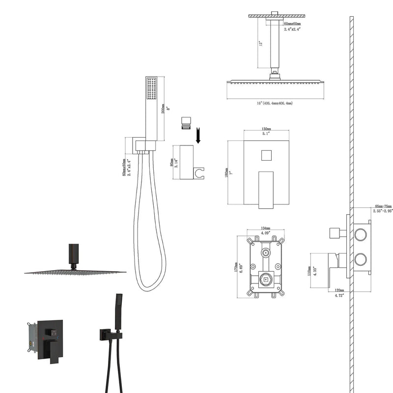 Dual Shower Head 16" Ceiling Mount Square Shower System with Rough In Valve by HouseOfZazla
