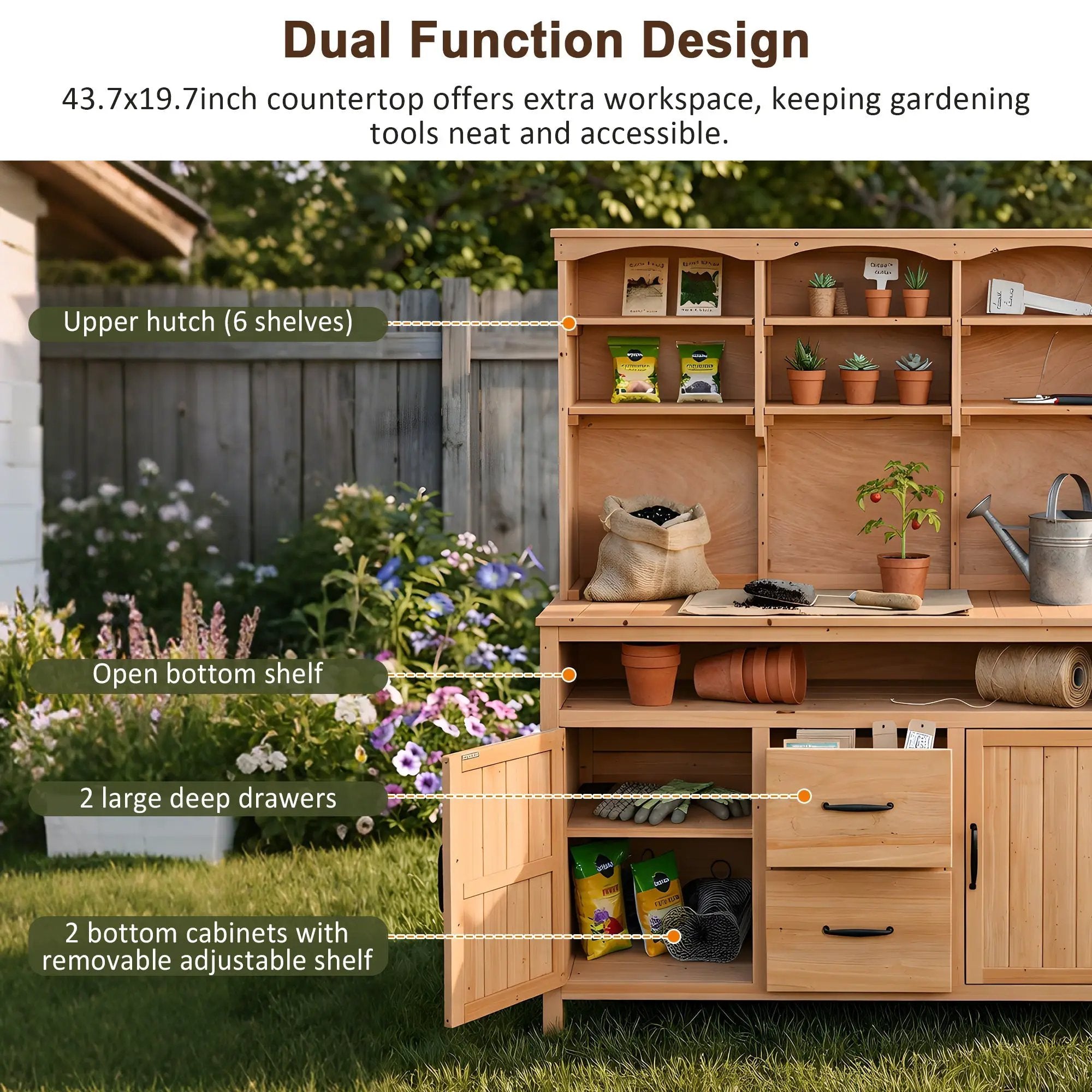 TOPMAX Large Fir Wood Potting Bench with Hutch, Cabinets & Drawers by HouseOfZazla