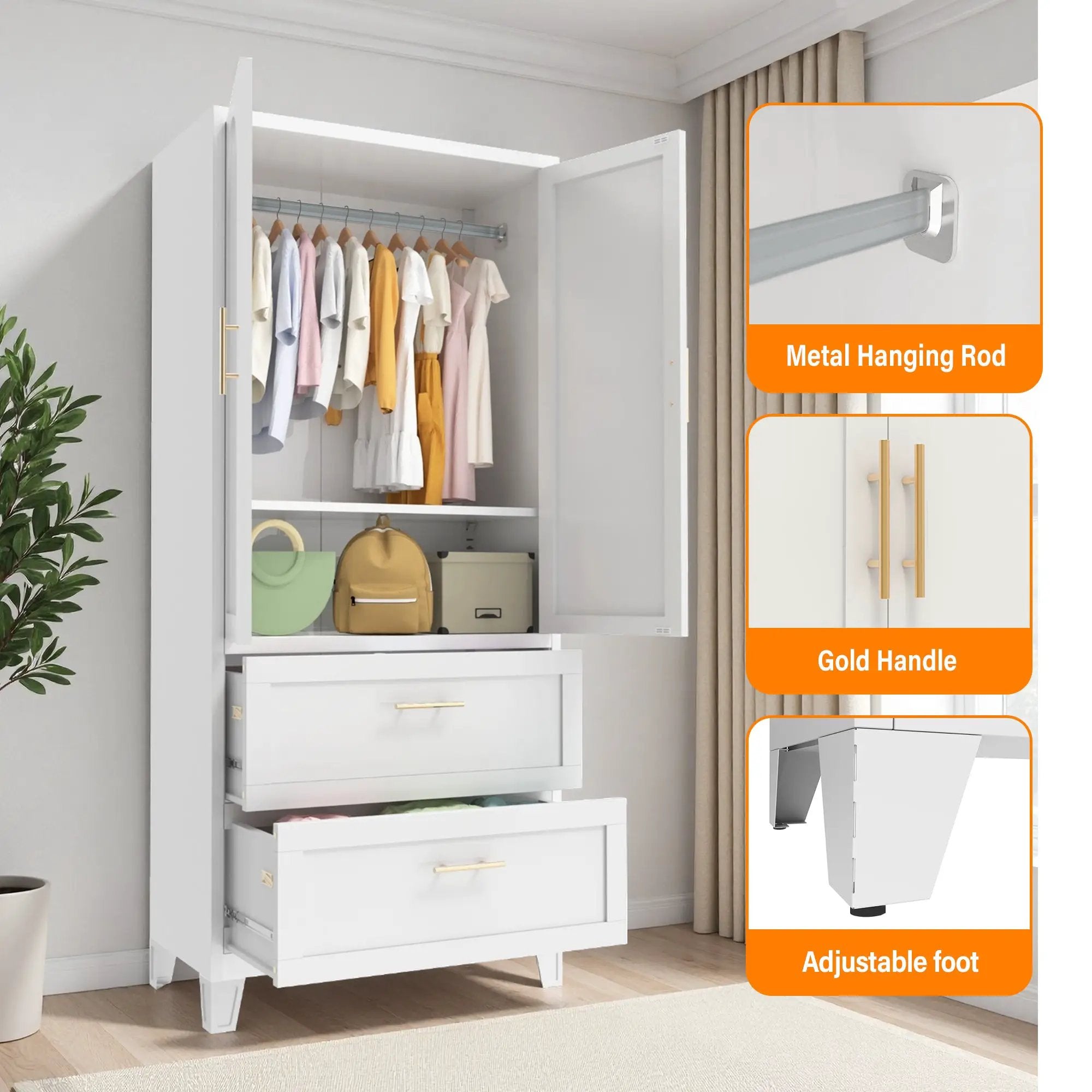 71" Tall Metal Wardrobe Cabinet with 2 Drawers and Hanging Rod by HouseOfZazla