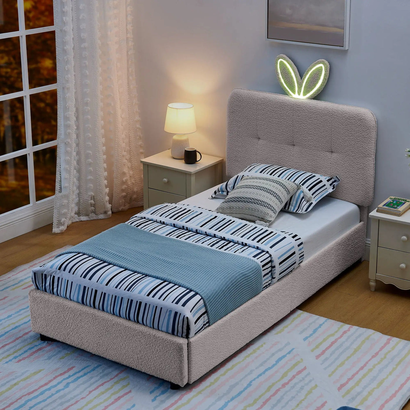 Upholstered Bed With Oversized Rabbit Ear Headboard, LED Lights & 4 Storage Drawers by Unique Piece Furniture