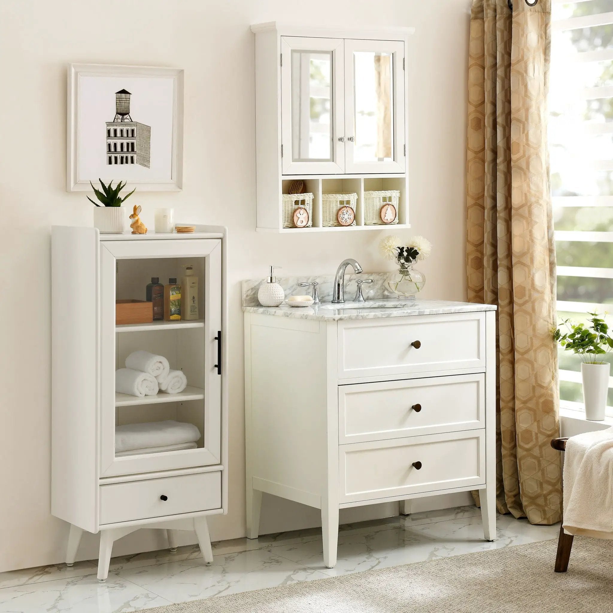 Bathroom Storage Cabinet, Medicine Cabinets For Bathroom With Mirror, 2 Doors 2 Adjustable Shelf & 3 Christmas Style Storage Basket - White by Unique Piece Furniture